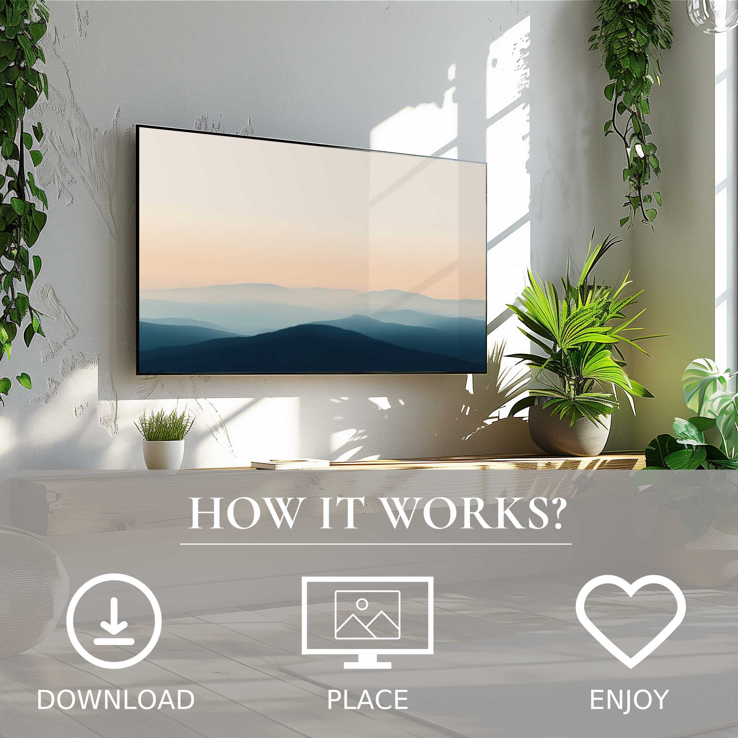 Modern art for Samsung TV shows soft sunset tones on Frame TV; digital download enhances decor with simple, elegant mountain motif