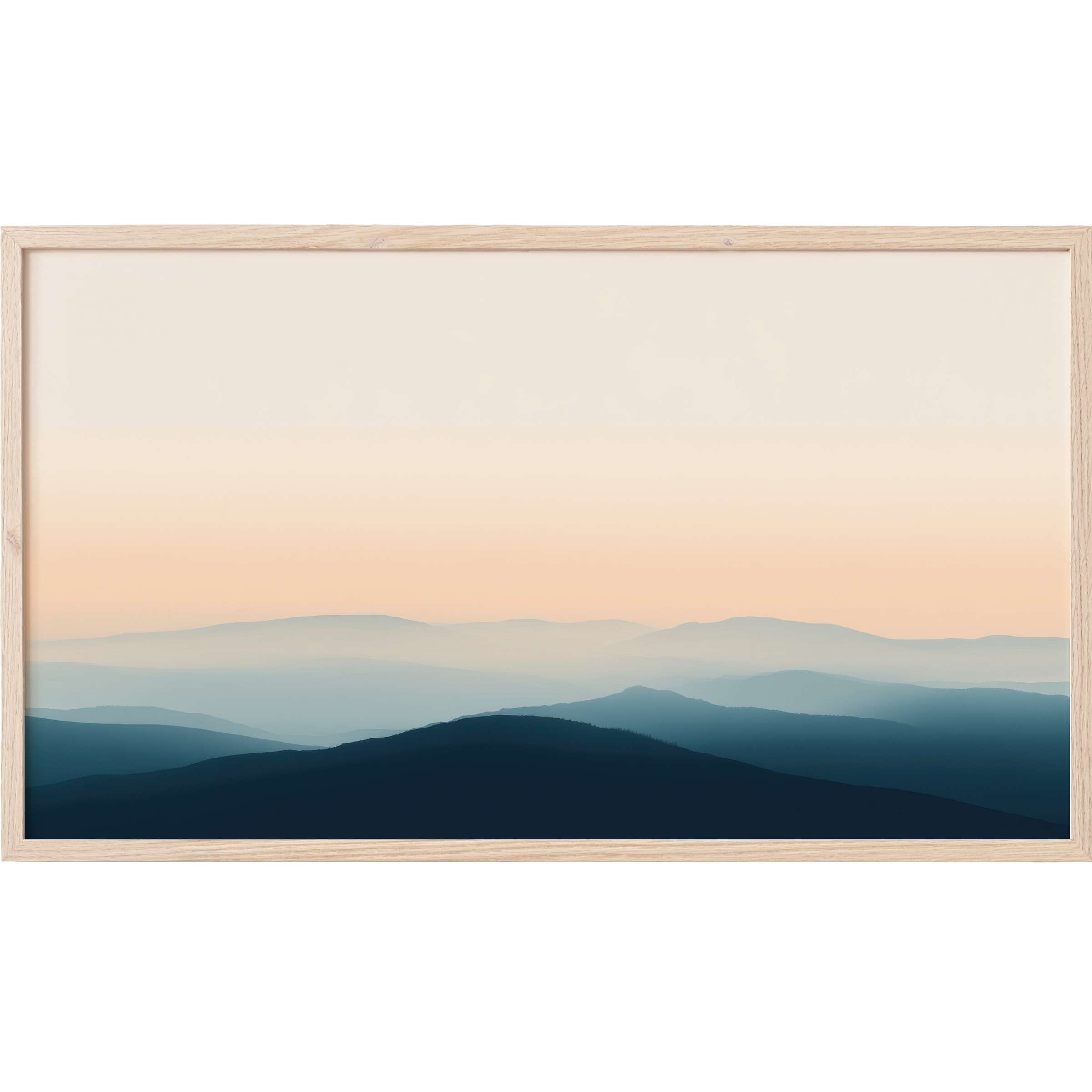Modern Frame TV Art of layered mountain silhouettes in soft blues and warm peach hues, evoking serene minimalist elegance
