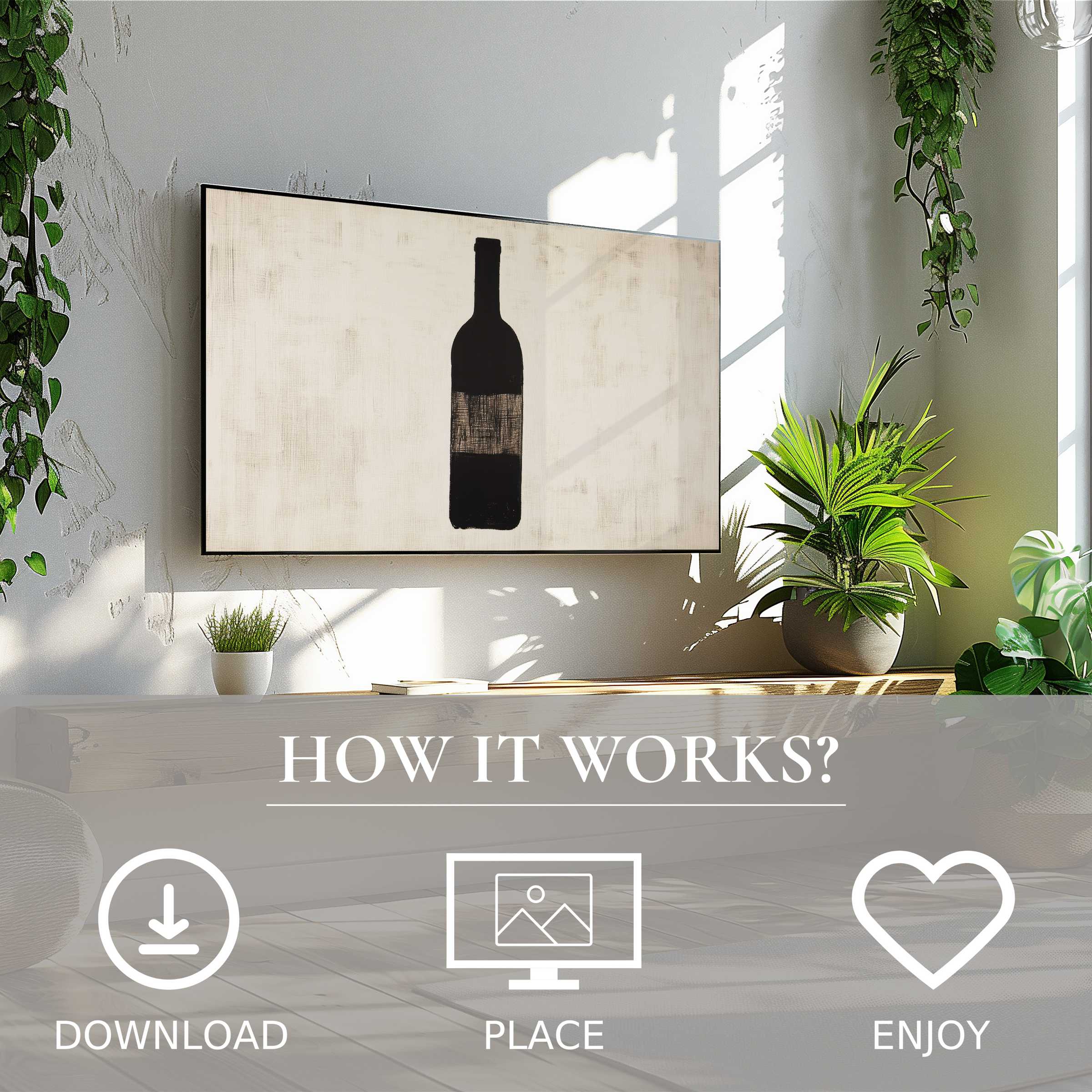 Minimalist art for Samsung TV shows a black bottle motif; digital download adds elegance and ease to modern living spaces