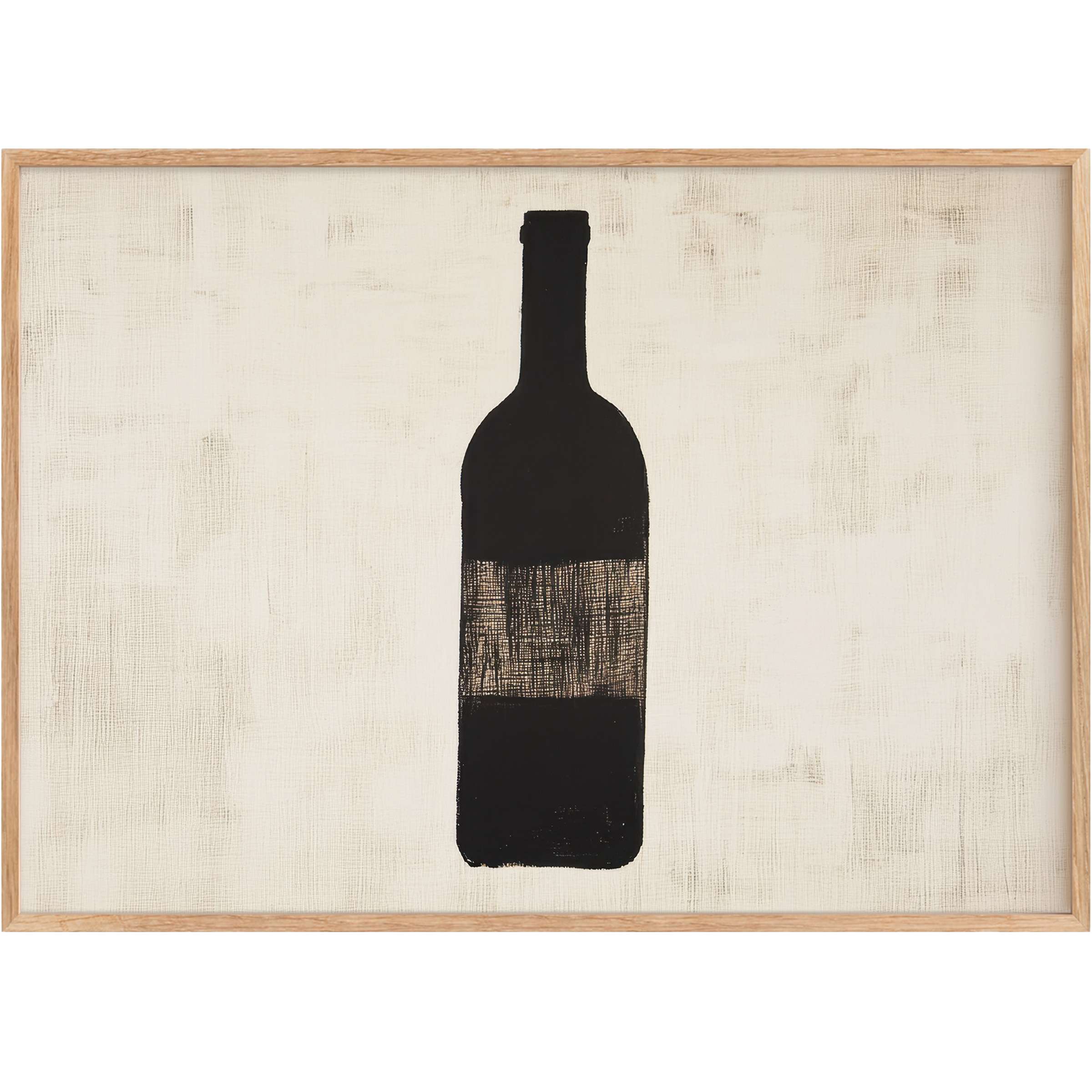 Bold black silhouette of a wine bottle on textured ivory canvas creates a chic, minimalist printable wall art for serene, stylish interiors