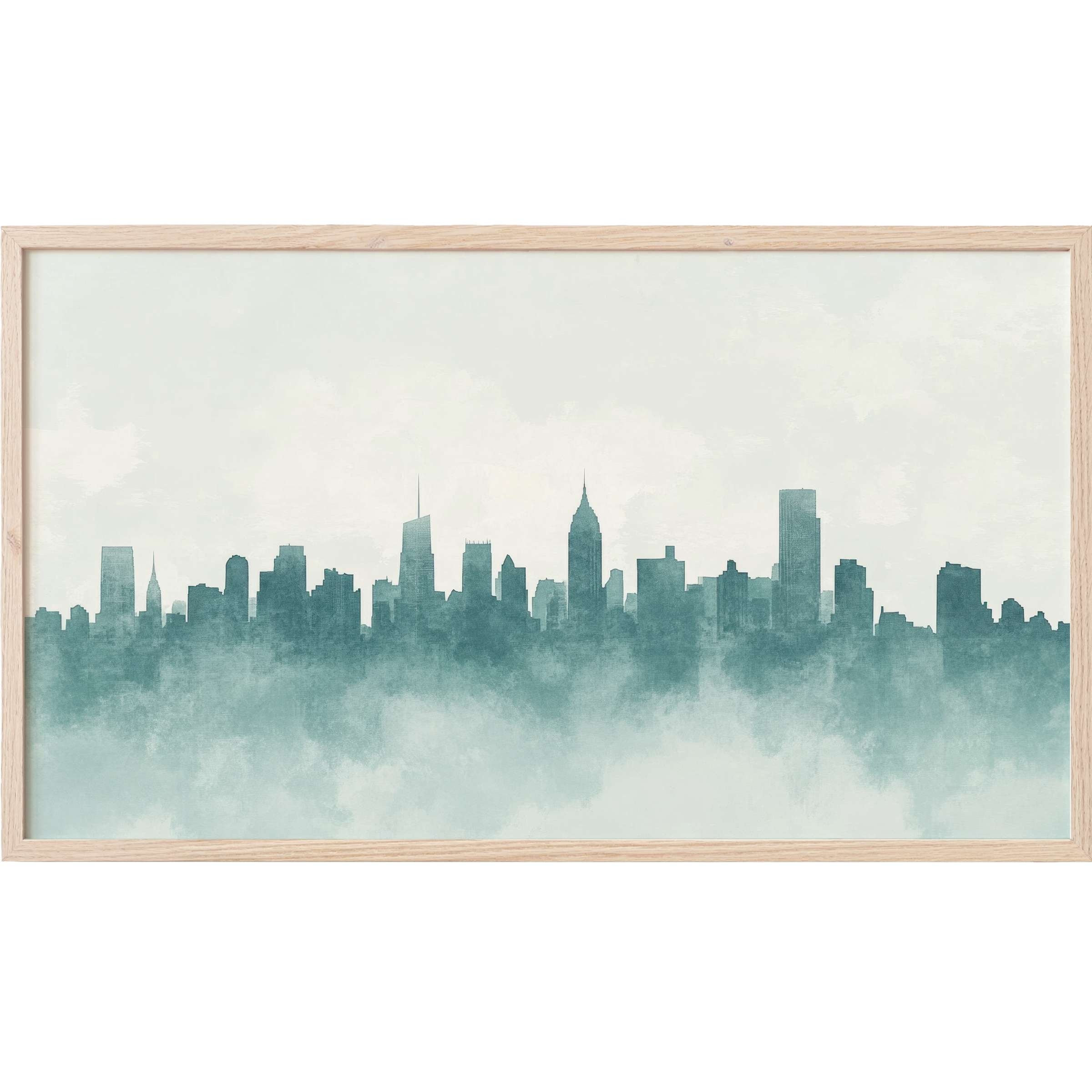 Serene teal city skyline with misty gradients on a soft white background, perfect neutral Frame TV Art
