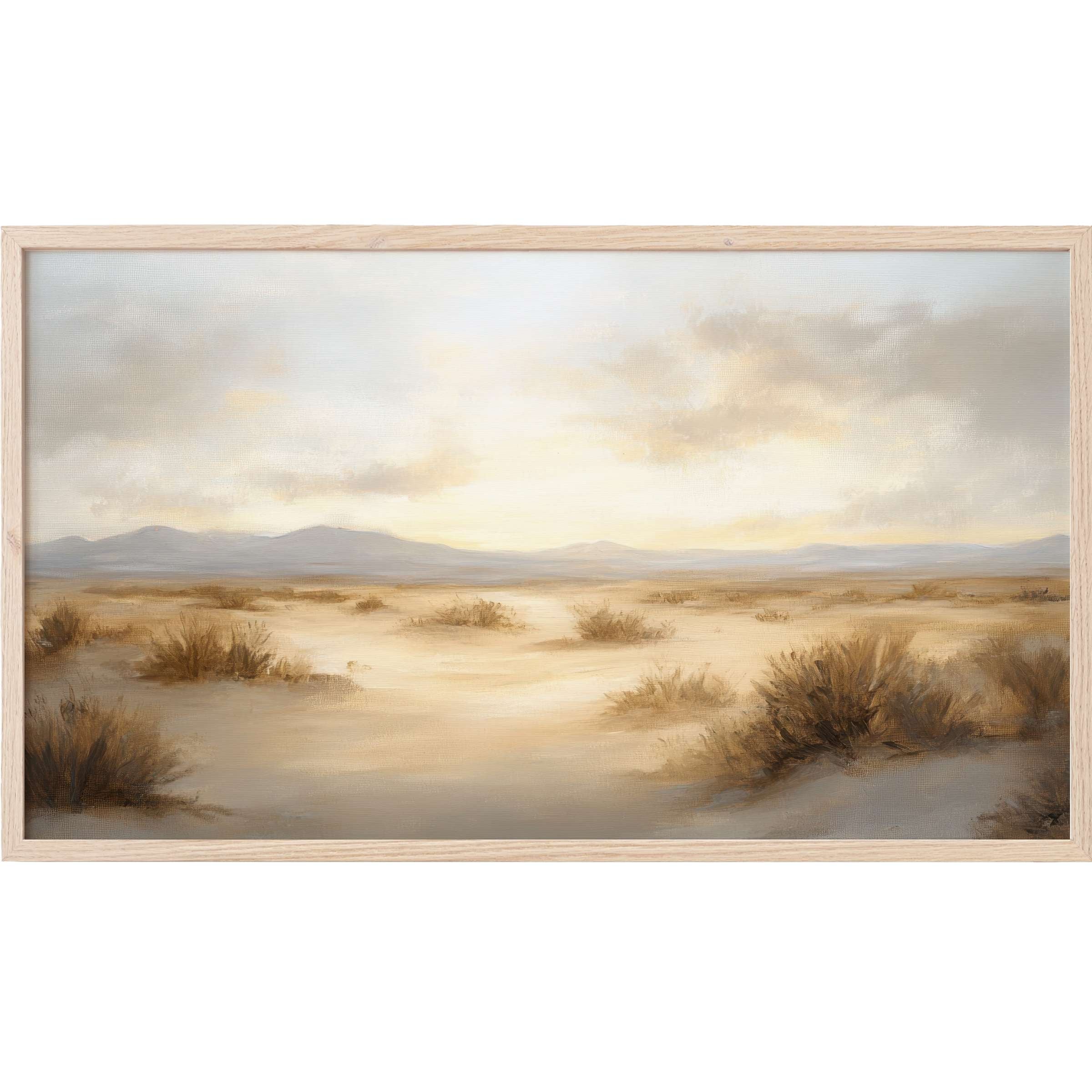 Soft desert landscape in muted earth tones with distant mountains, styled as elegant landscape Frame TV Art