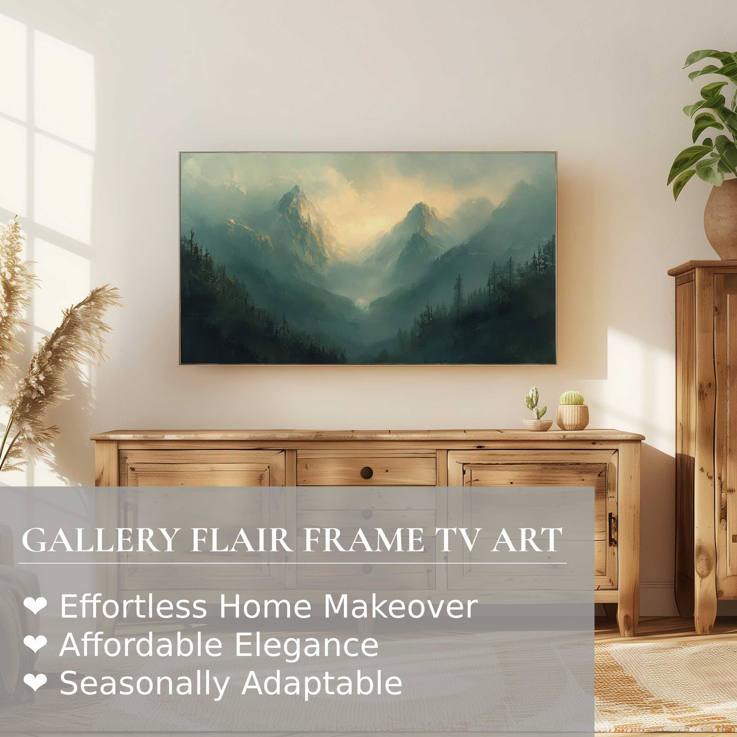 Samsung Frame TV displays serene spring digital artwork of misty mountains in a warm, modern living room setting