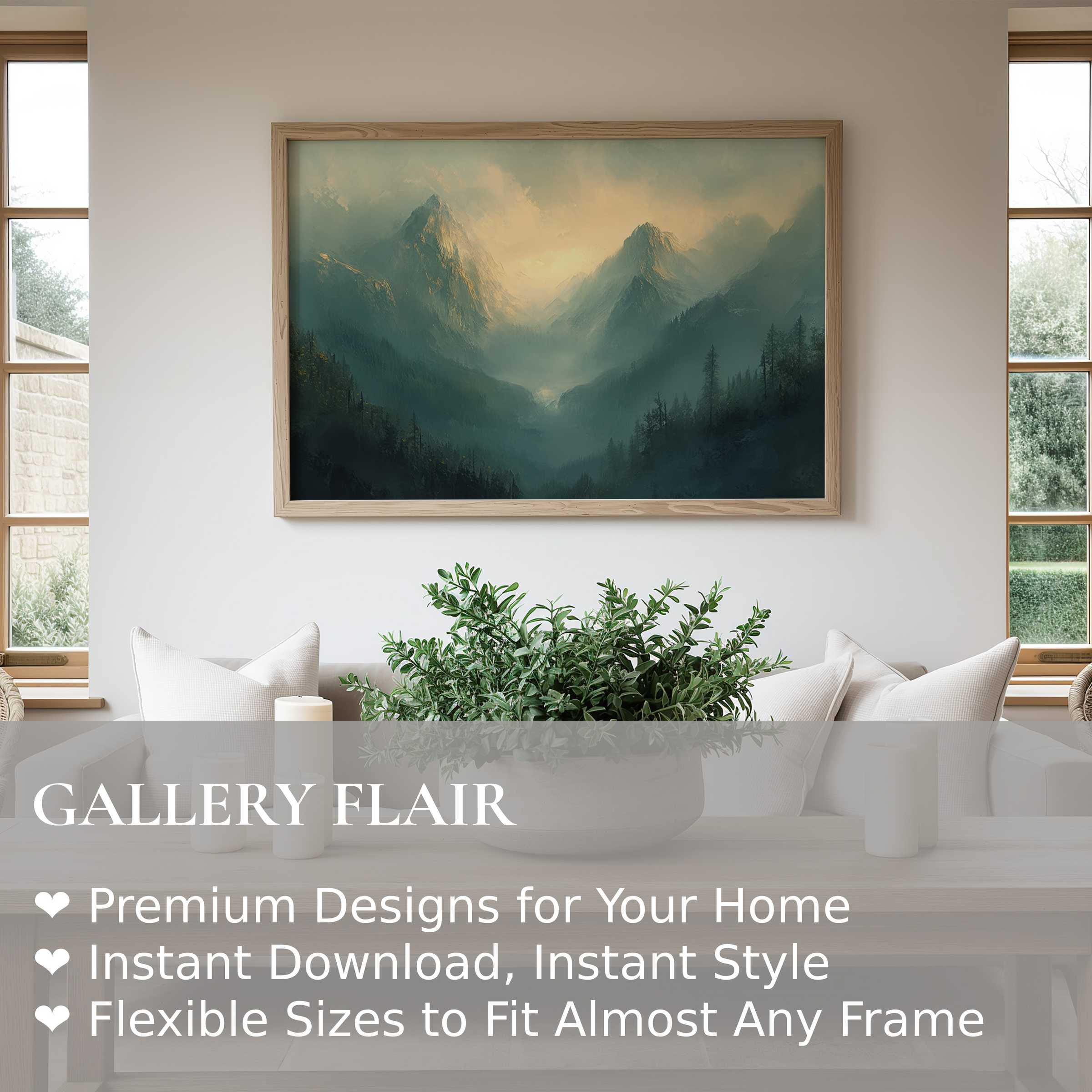 Misty mountain spring wall art print radiates serene calm with soft green and gold hues, elevating minimalist modern living spaces