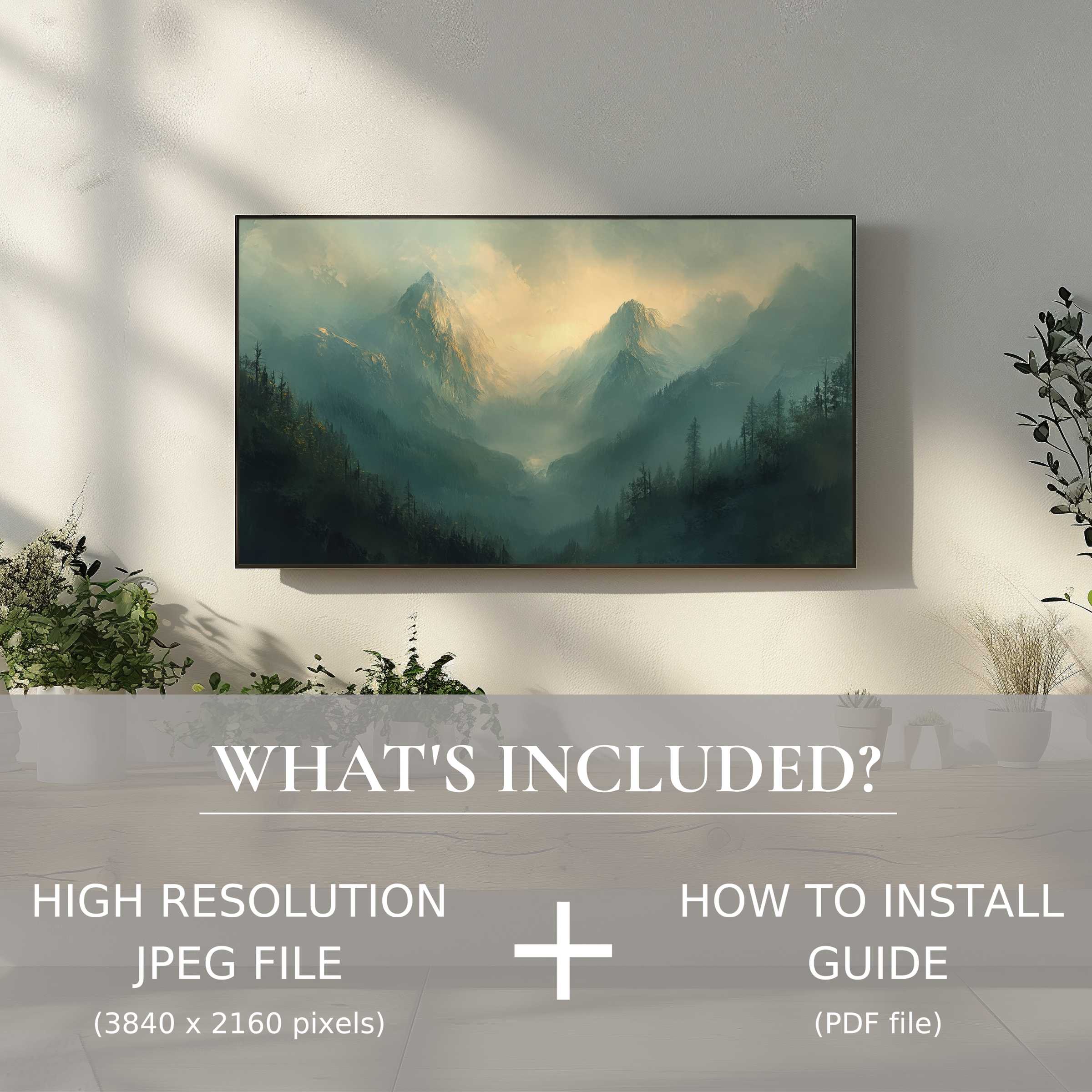 Elegant spring digital TV art download showing serene mountains, enhancing your space with effortless digital charm