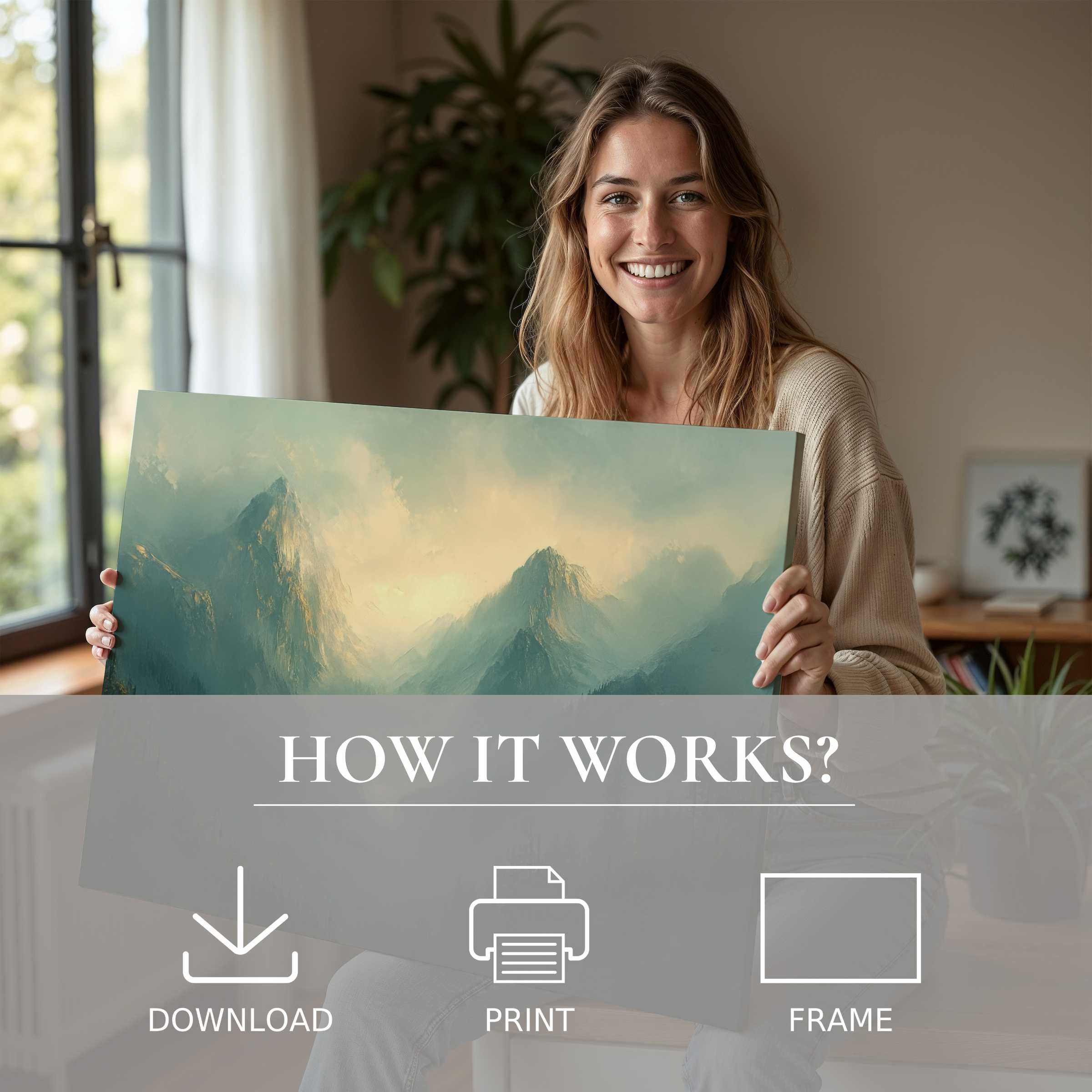 Warm sunlight bathes a serene spring digital art print held in a modern, airy home, embodying joyful connection and effortless elegance