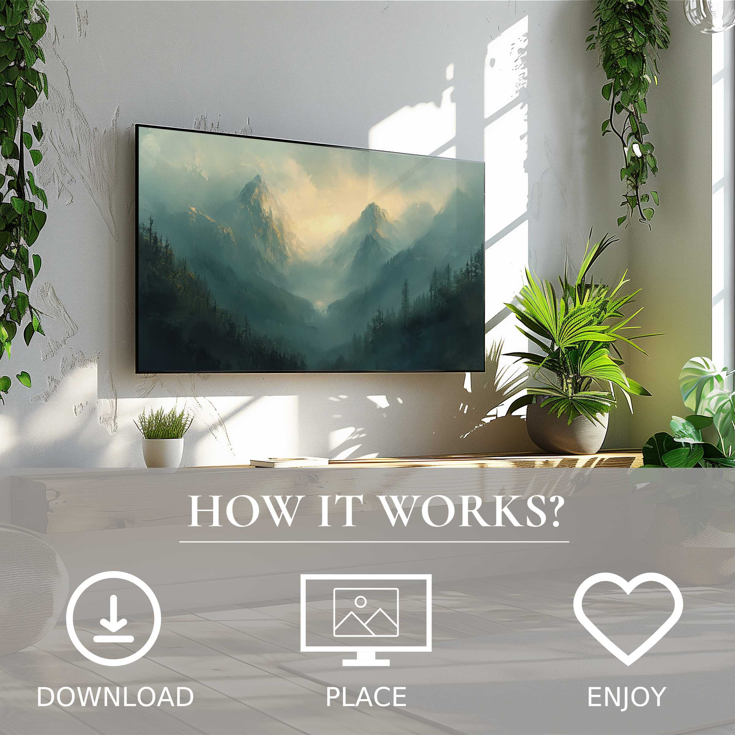 Spring art for Samsung TV: easy digital download shows soft mountain mist motif enriching modern living spaces