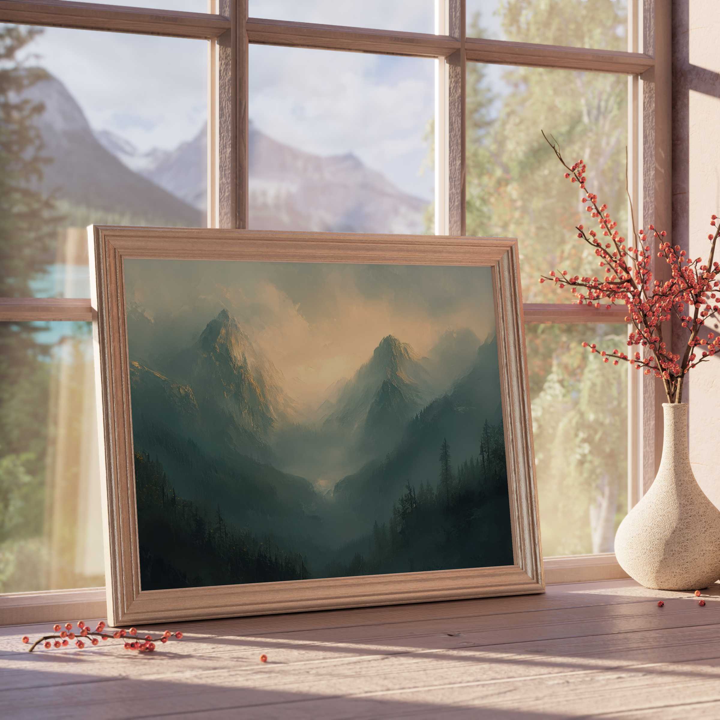 Tranquil spring downloadable art capturing misty mountain peaks in soft light, elevating serene, curated interiors with natural elegance