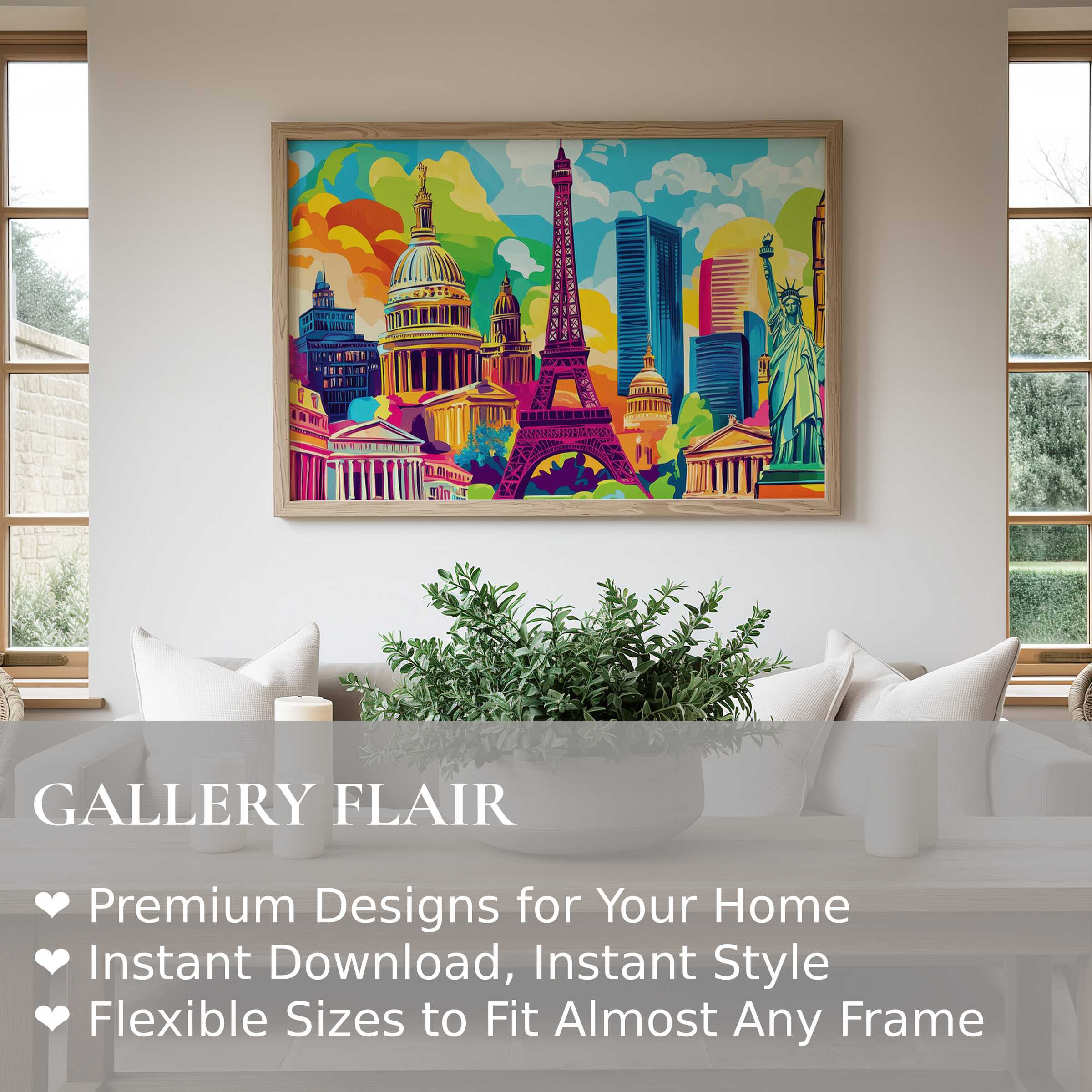 Vibrant pop art wall art print featuring iconic landmarks in bold, radiant color Enhances modern, minimalist interiors with dynamic urban energy and contemporary flair Perfect for style-conscious decor lovers seeking a statement centerpiece