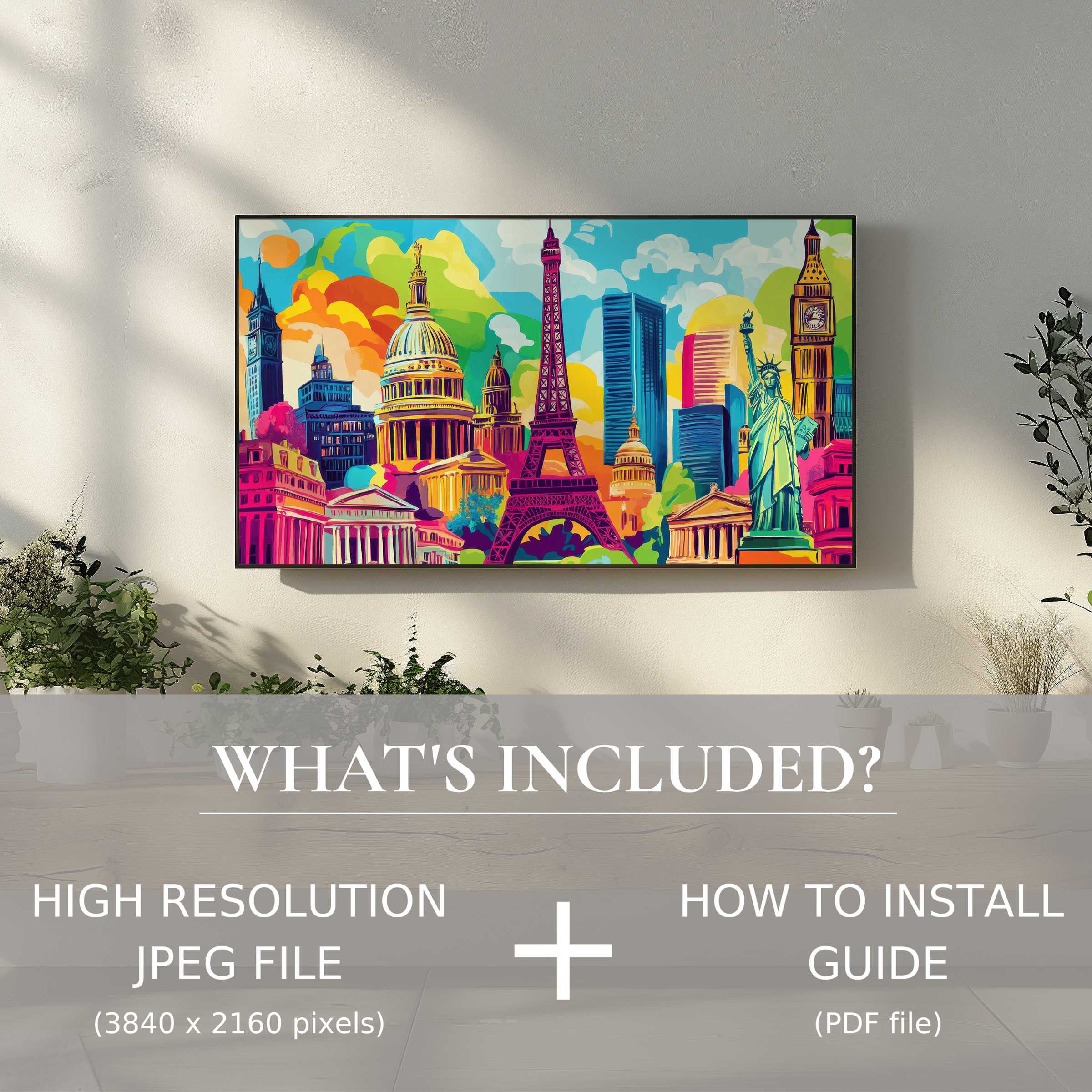 Modern living room with vibrant pop art digital TV art download, easy digital use enhances stylish decor