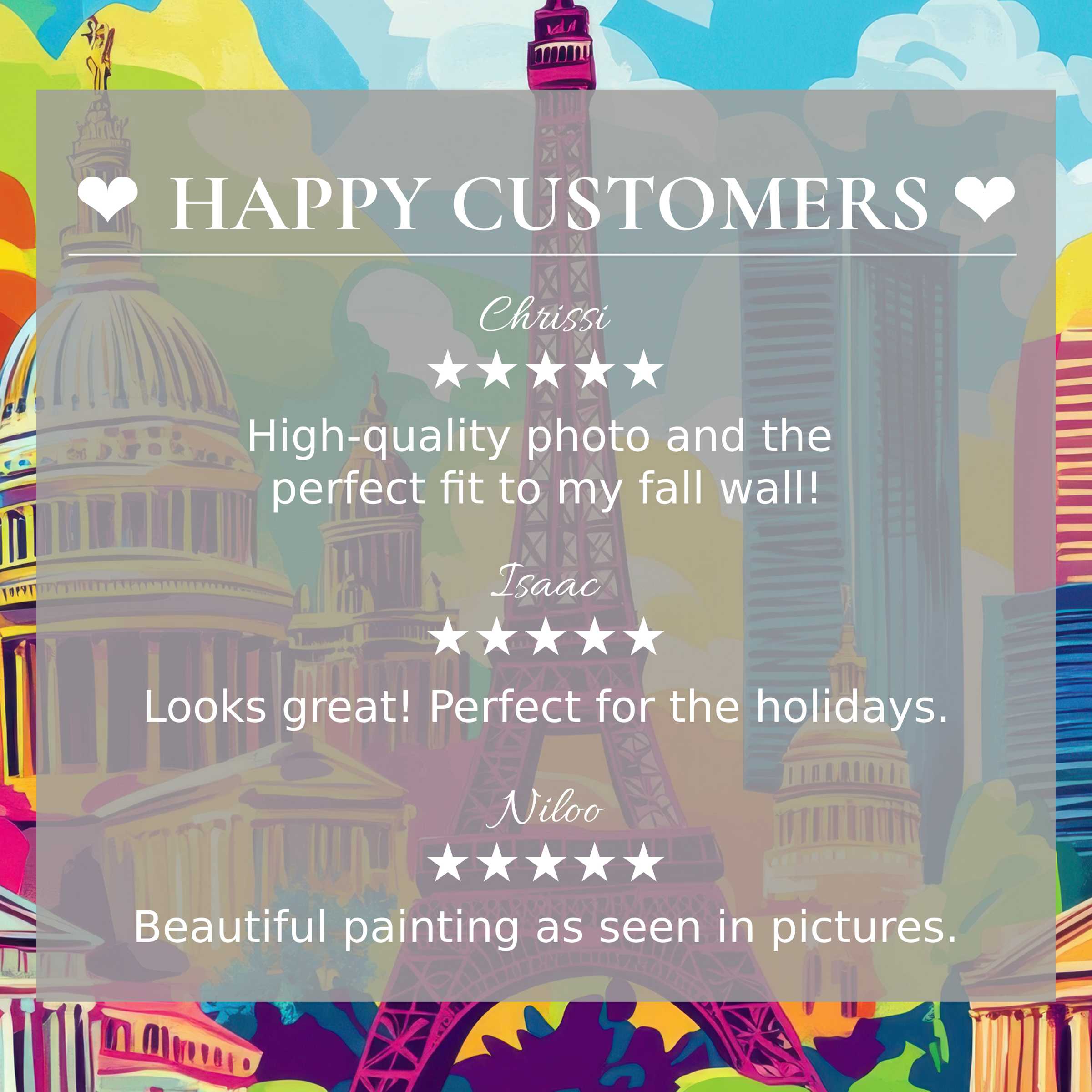 Pop art for Frame TV with abstract sunset hues, showcasing happy customer reviews and elegant, trustworthy design