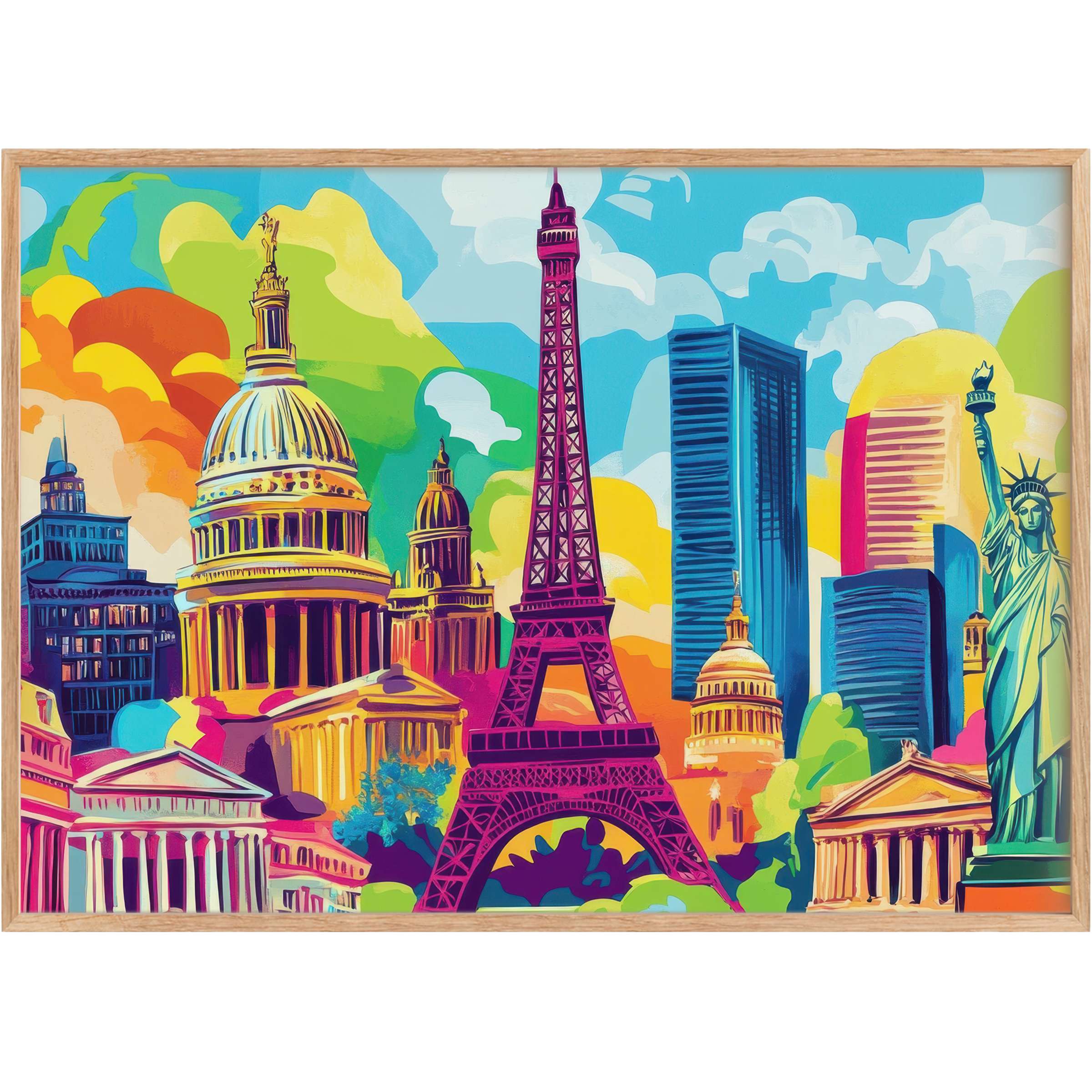Vibrant pop art printable wall art merges iconic cityscapes in bold fuchsia, turquoise, and golden hues, radiating dynamic urban energy perfect for chic interiors