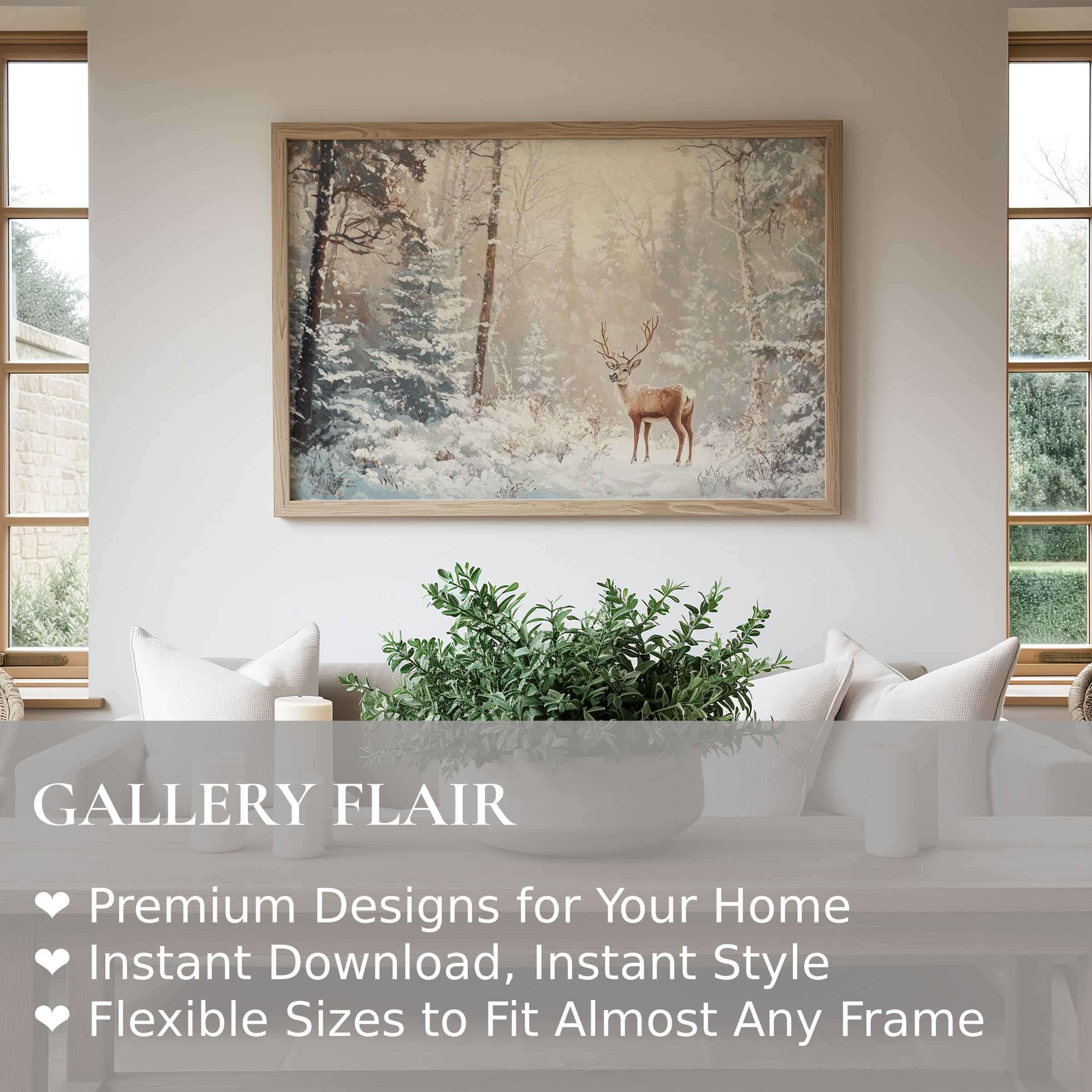 Christmas wall art print capturing a serene winter forest with a graceful deer, enhancing modern rustic interiors with calm elegance