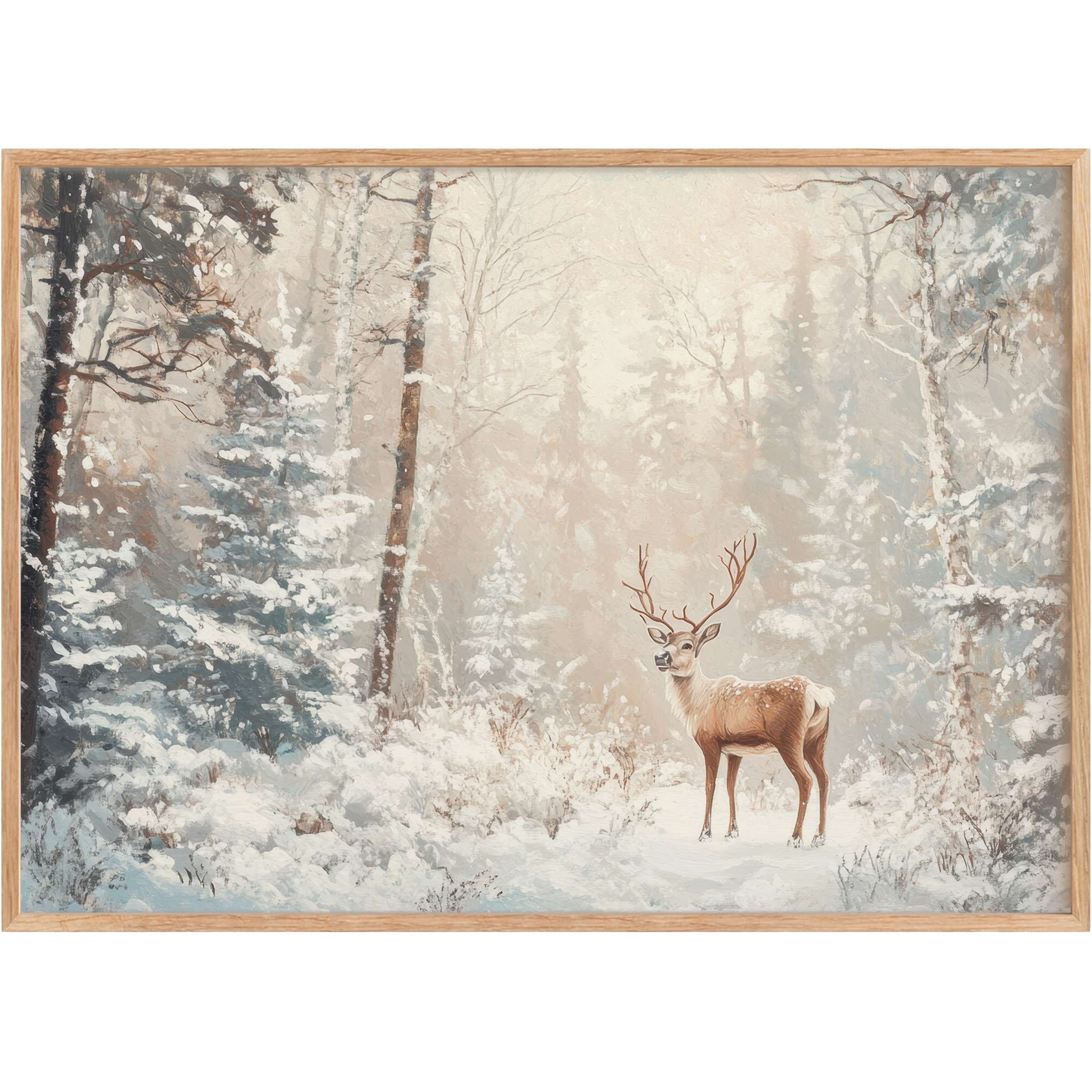 Graceful reindeer amid serene, snowy woods in soft beige and muted blues-Christmas printable wall art that elevates cozy elegance