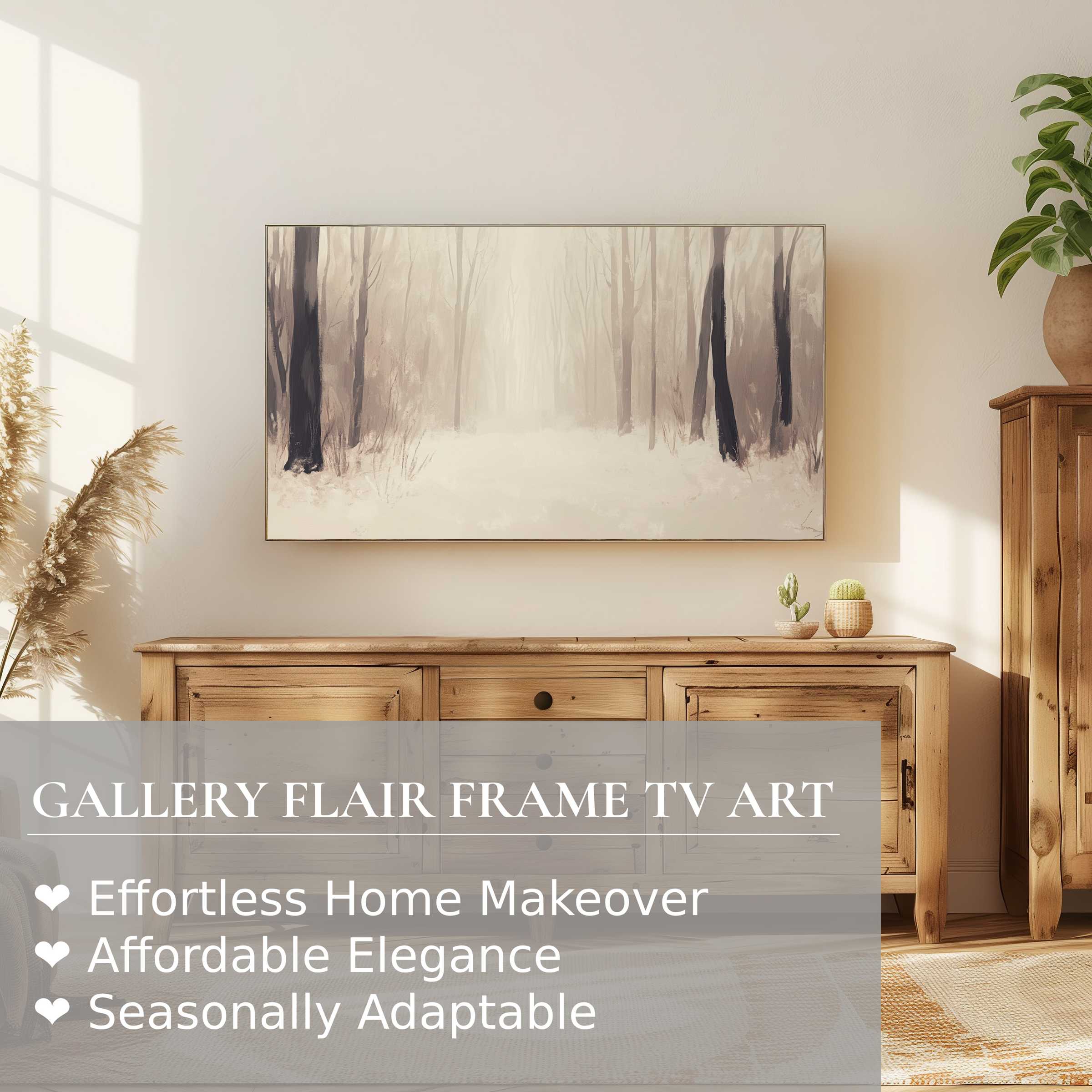 Samsung Frame TV showcasing serene winter digital artwork in a modern, minimalist living space with warm wood tones