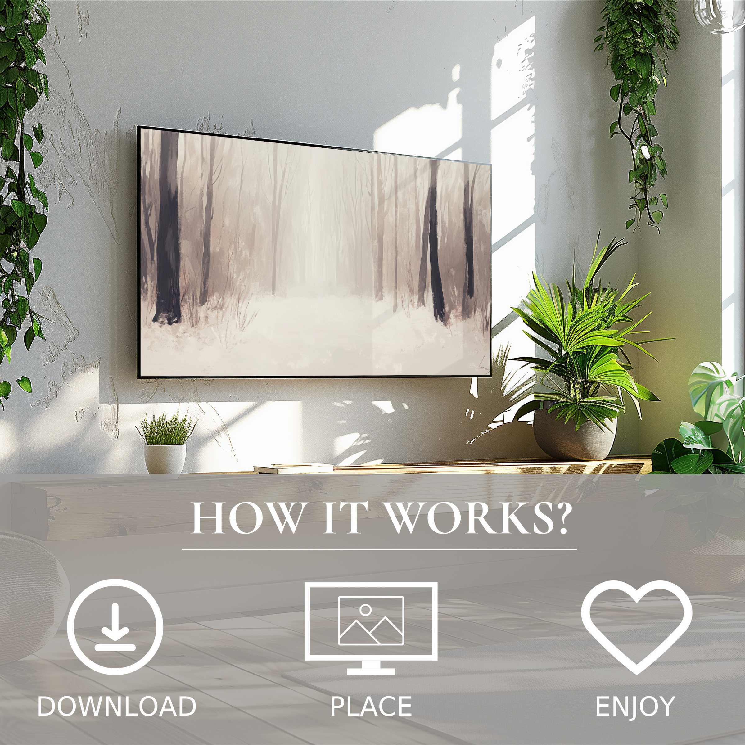 Winter art for Samsung TV featuring soft misty forest tones, easy digital download to enrich modern living spaces