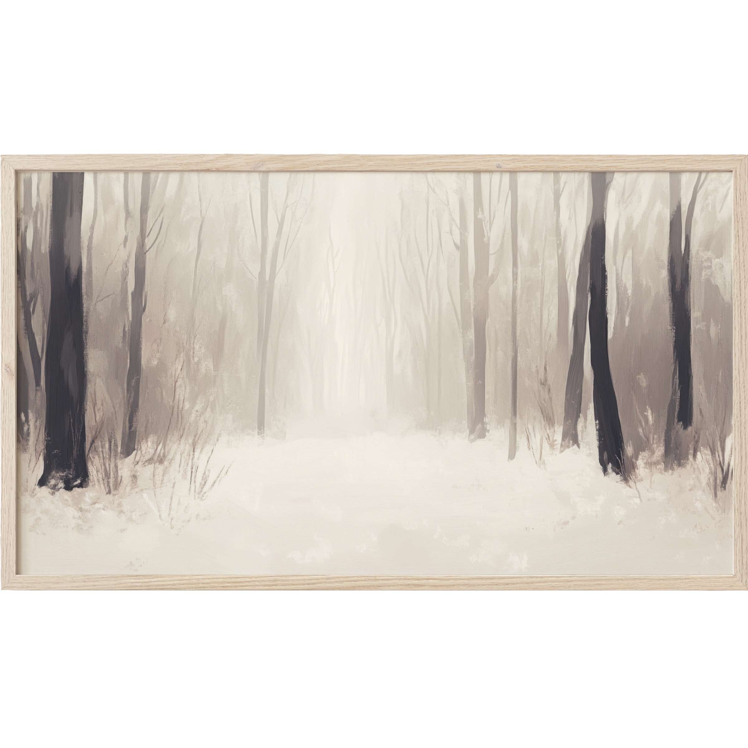 Serene winter forest scene in muted grays and creams, soft brushstrokes evoke calm mist, winter Frame TV Art