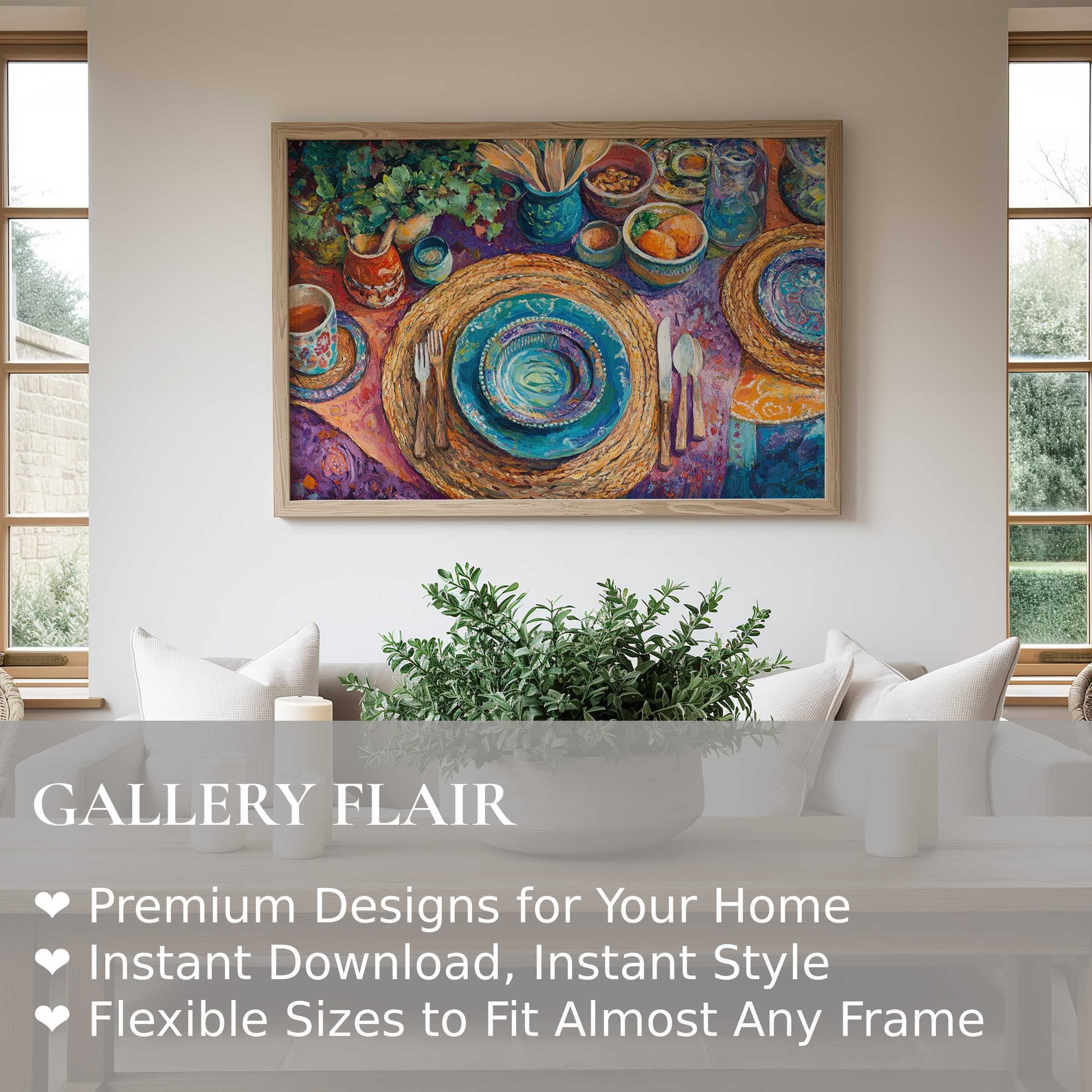 Boho wall art print showcasing a vibrant, textured table setting in rich blues and warm earth tones, enhancing a serene, modern living space with artistic warmth and eclectic charm