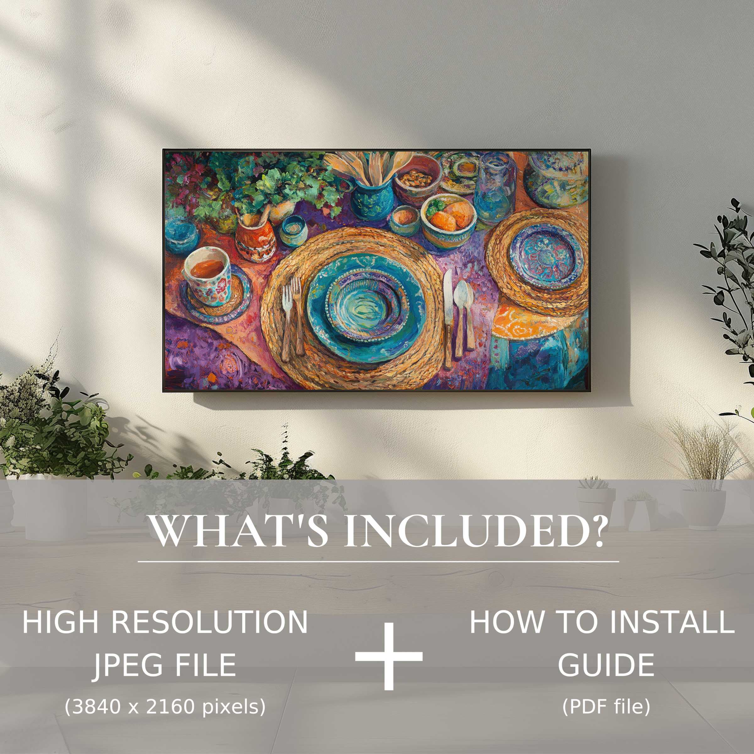 Boho digital TV art download adds vibrant, elegant charm; easy digital use enhances stylish, modern living spaces effortlessly