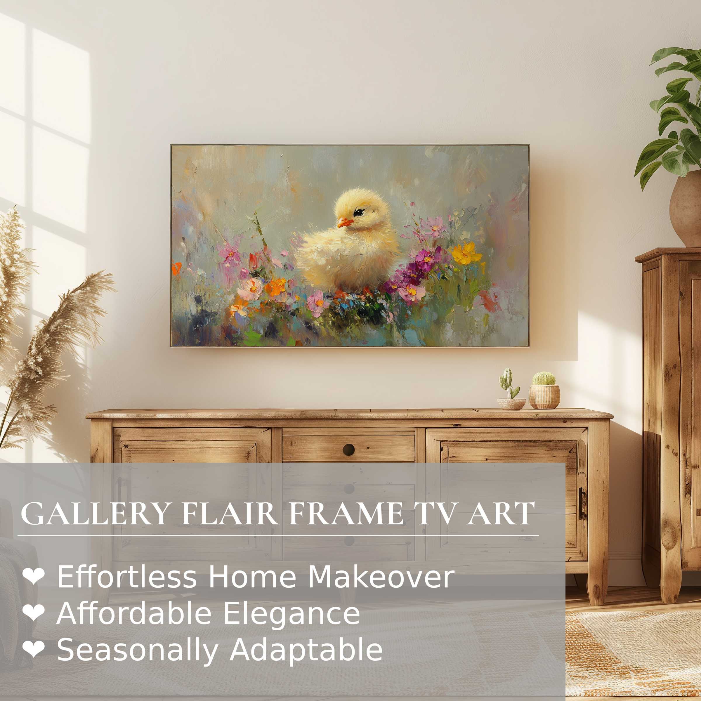 Samsung Frame TV displays refined easter digital artwork of a soft chick, blending modern elegance with cozy decor