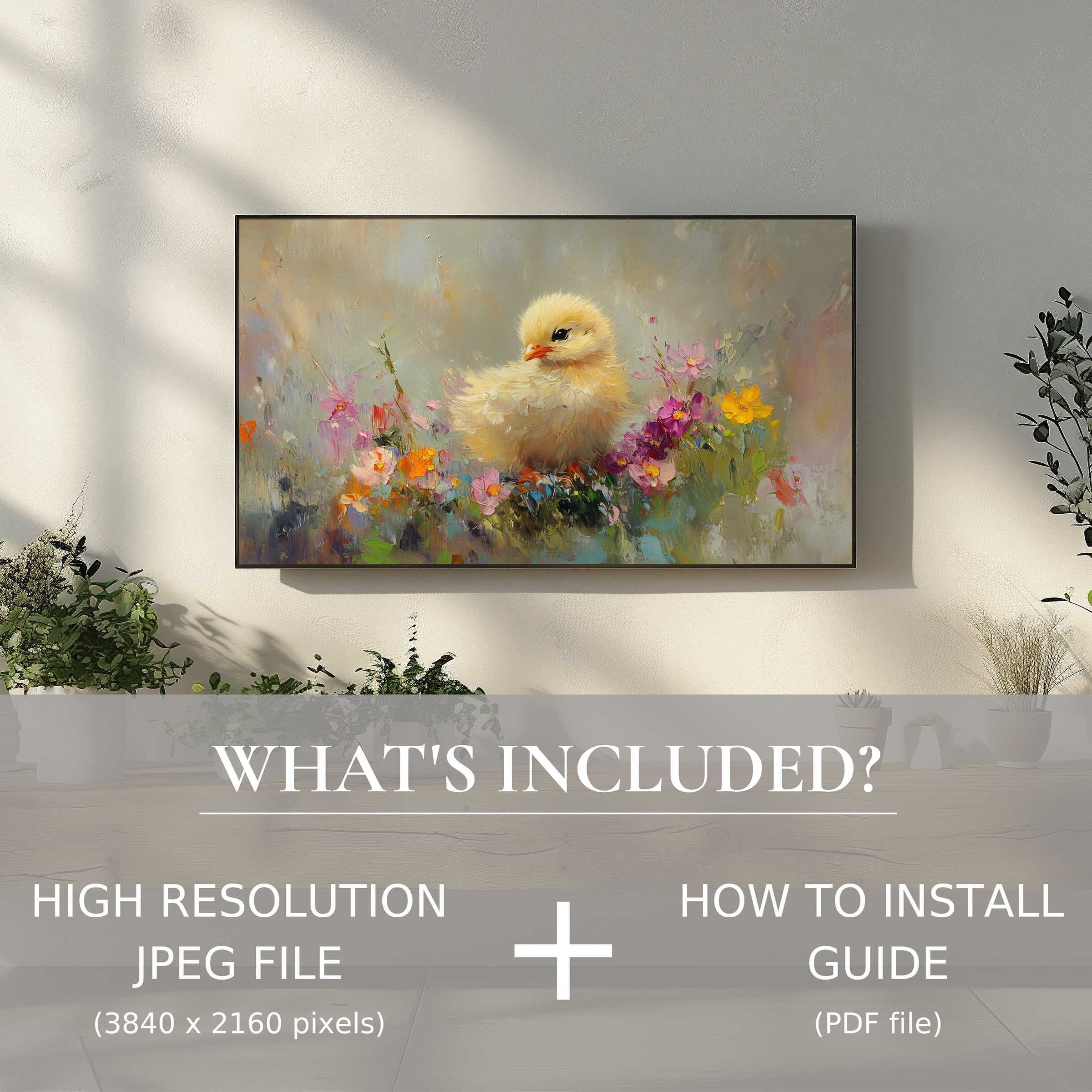 Elegant easter digital TV art download featuring a chick and flowers, enhancing your space with easy digital use