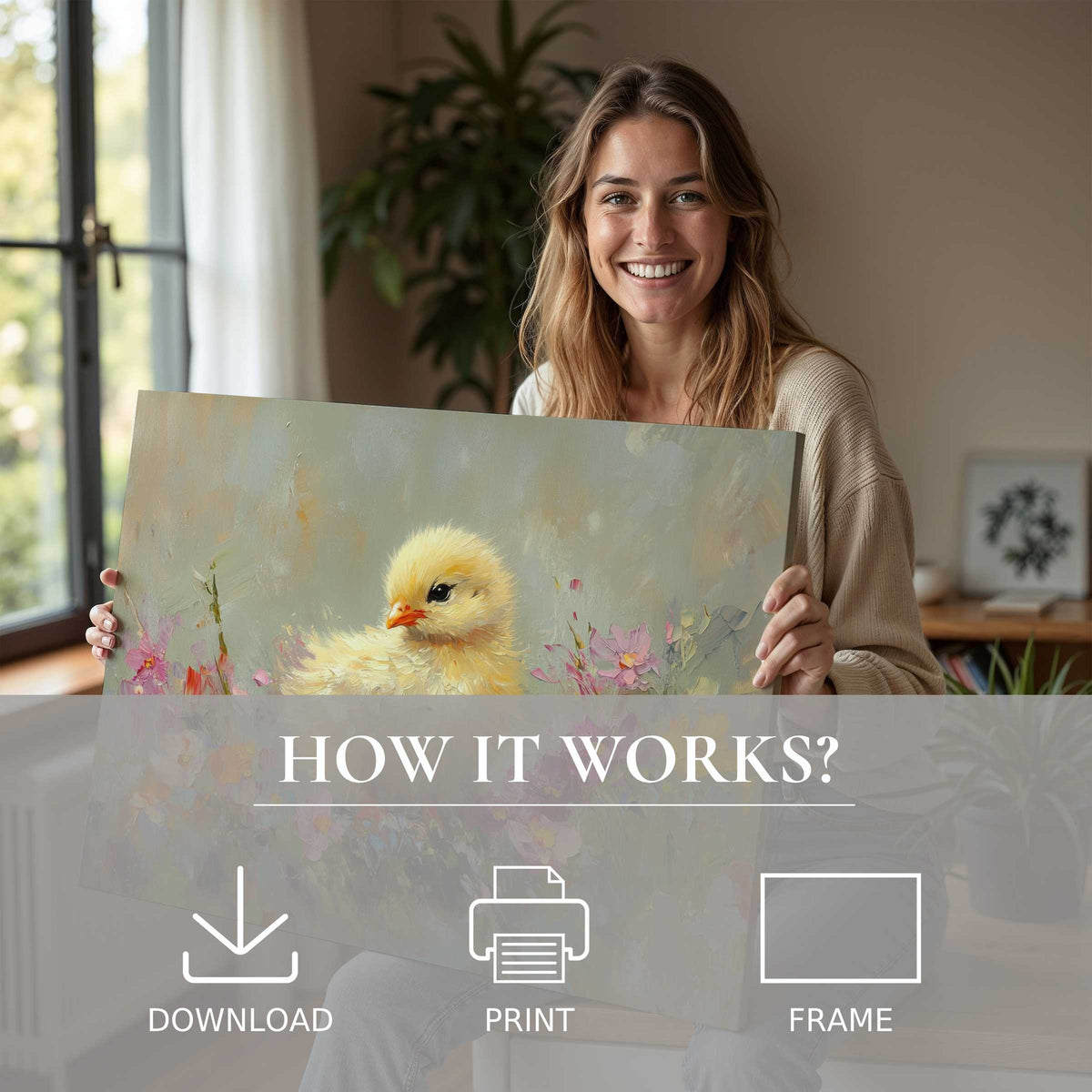 A joyful moment captured in a sunlit modern home, where an easter digital art print brings warmth and delicate charm to living spaces