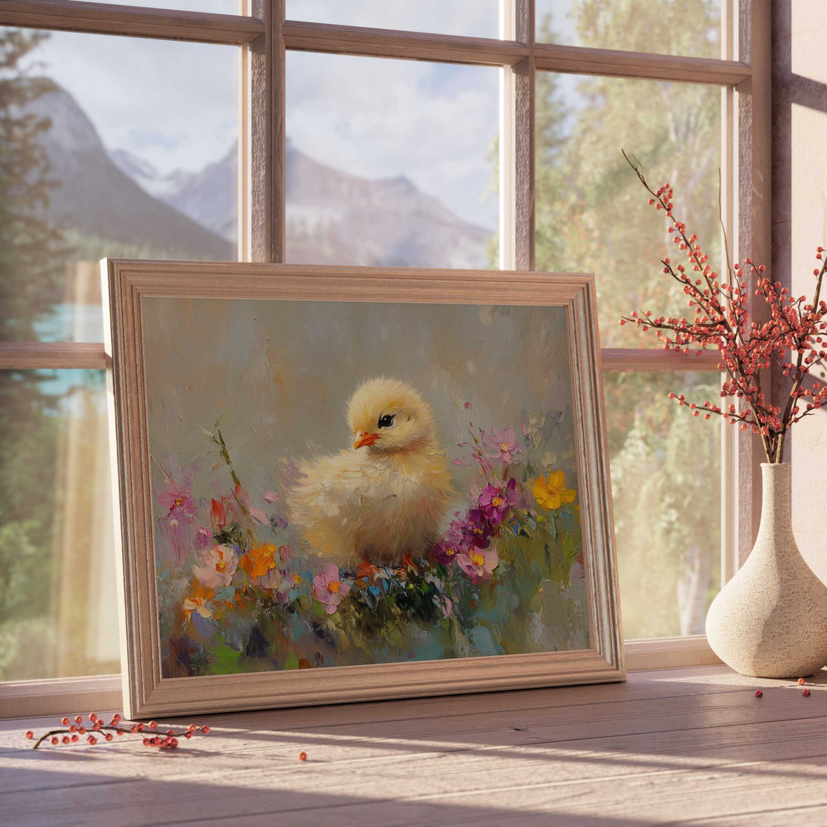 Easter downloadable art capturing a delicate chick amid vibrant spring blooms, enhancing serene, refined interiors