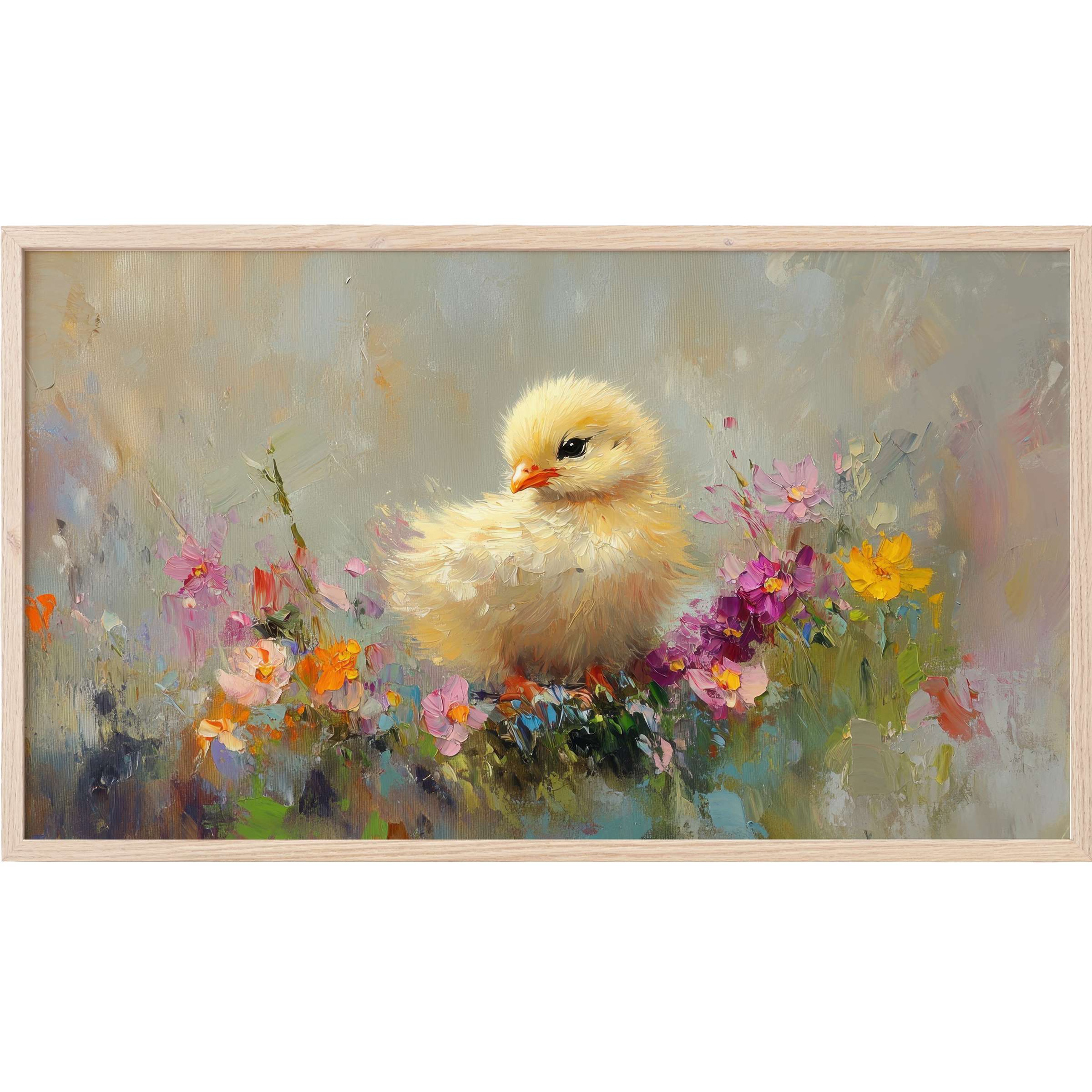Softly textured chick amidst vibrant blooms in muted tones, a refined easter Frame TV Art for stylish interiors