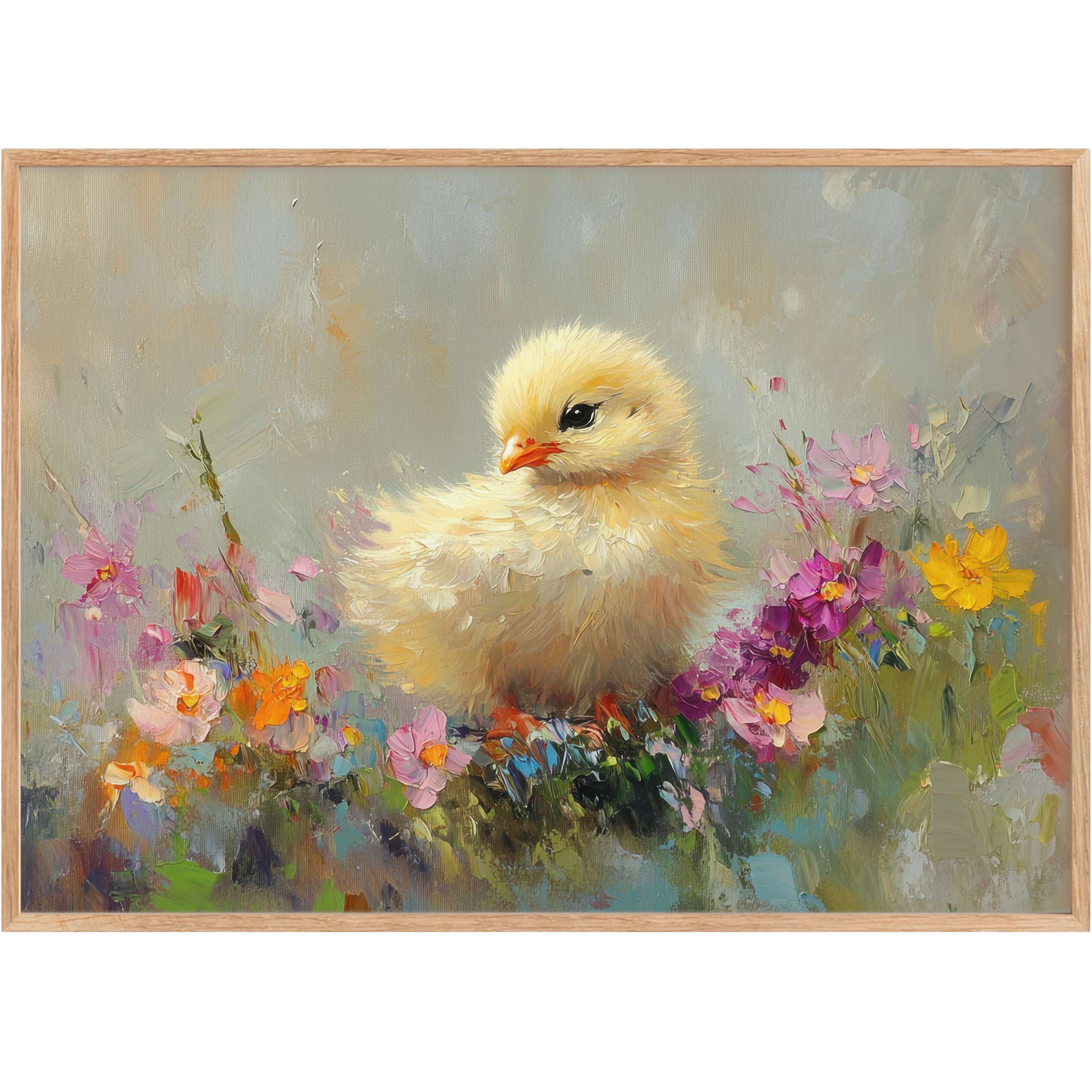 Tender yellow chick nestles among vibrant spring blooms in pastel purples and soft oranges, evoking warm, joyful renewal Perfect easter printable wall art to elevate elegant, style-conscious spaces