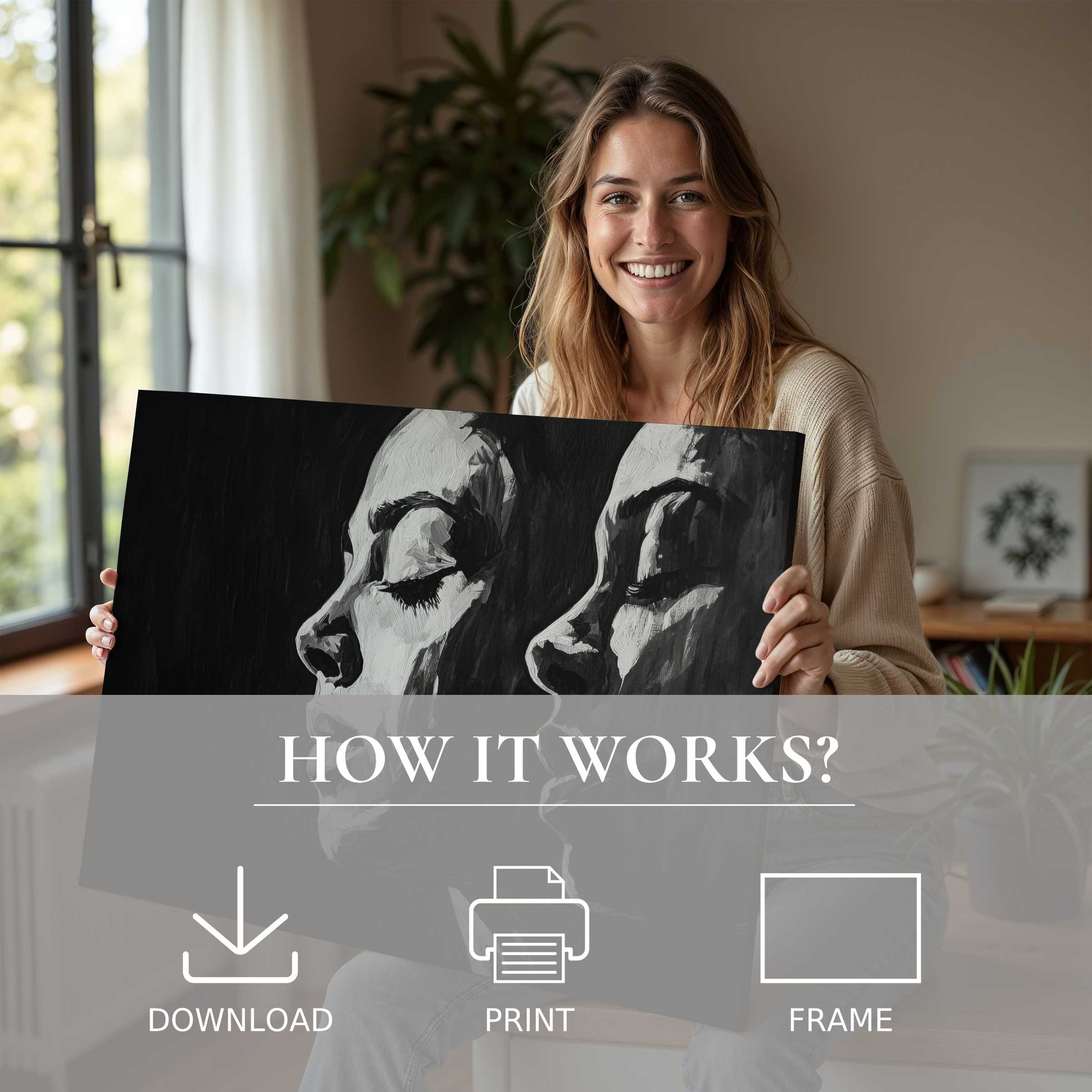 Elegant black and white digital art print evokes serene connection, enriching a modern home with effortless, joyful sophistication