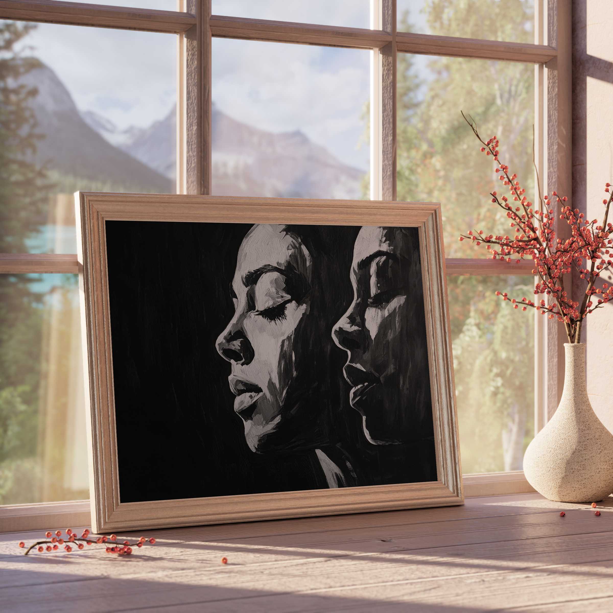 Graceful black and white downloadable art capturing serene female profiles, enhancing curated, tranquil interiors with timeless elegance and refined charm