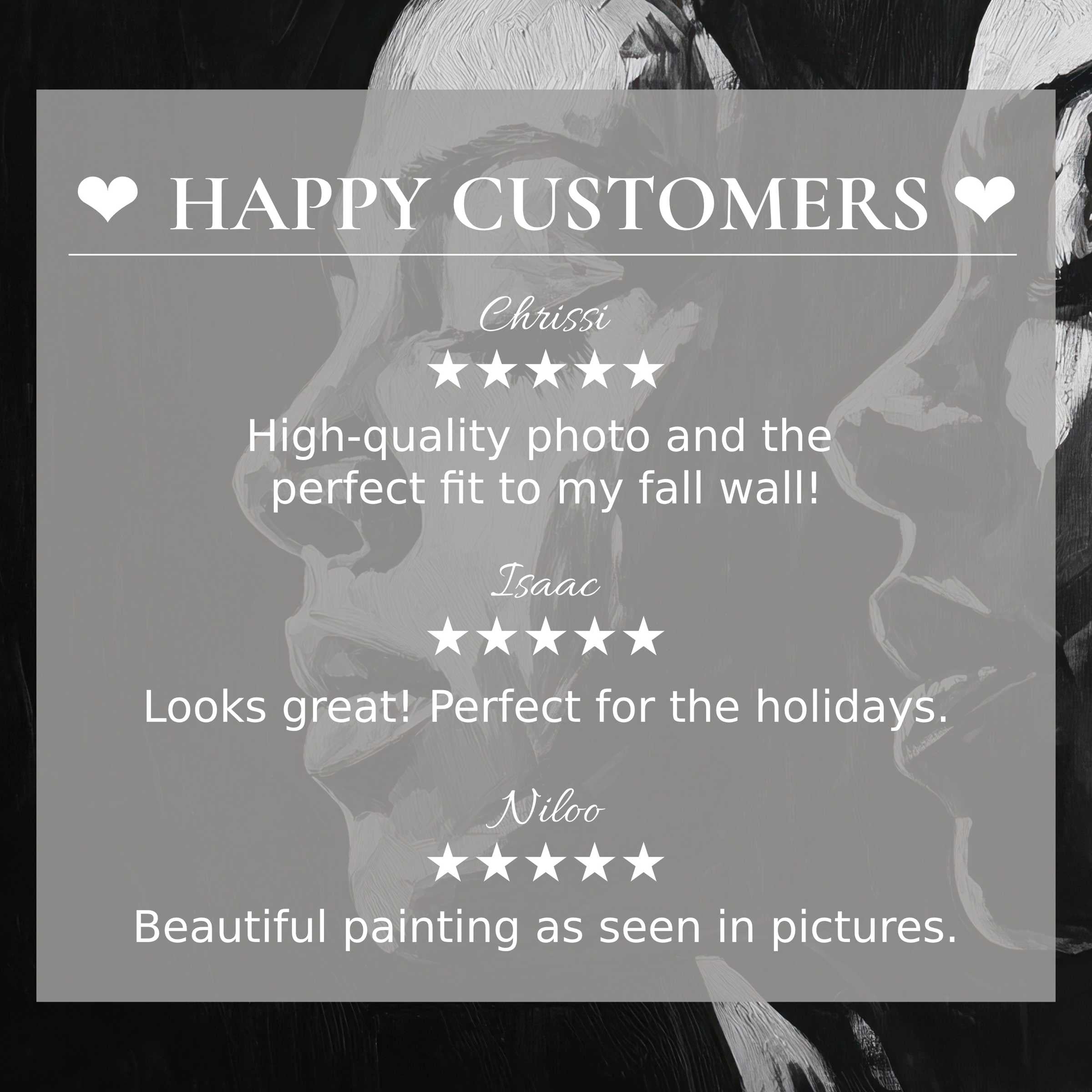 Black and white art for Frame TV with abstract face painting, happy customer reviews build trust and elegance