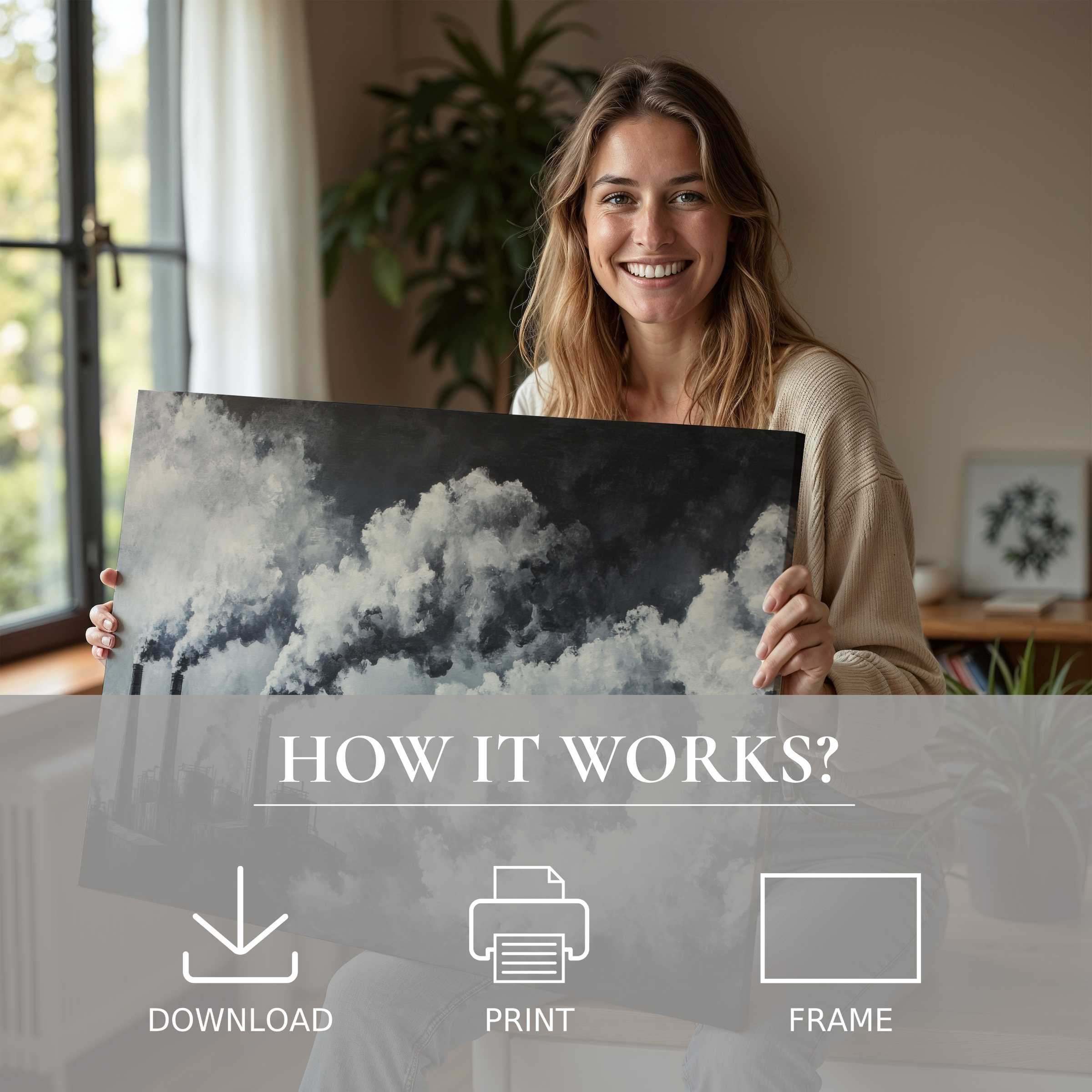 Bright moment of connection and joy in a modern home, showcasing serene street art digital art print’s emotive depth