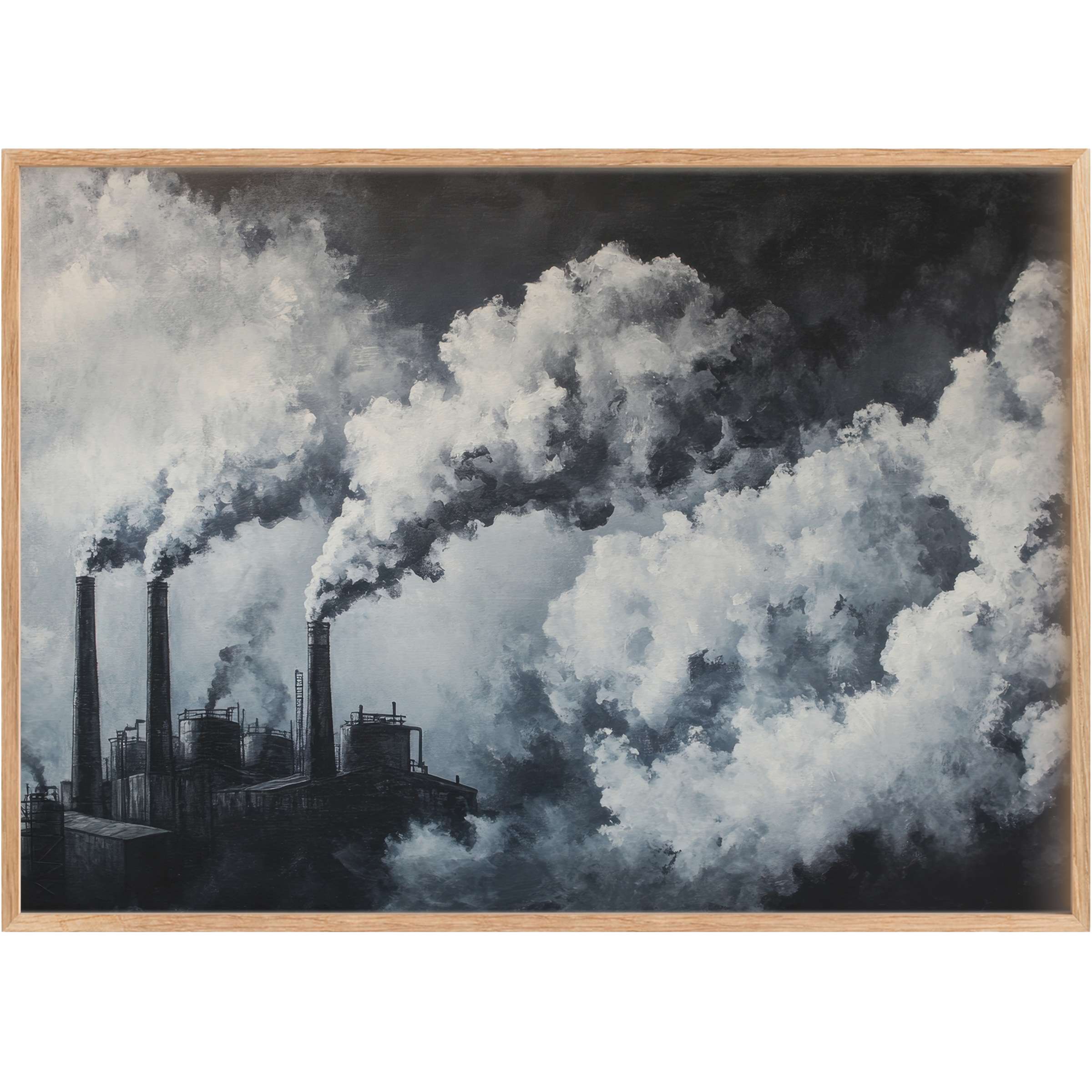 Industrial silhouettes blend with billowing smoke in this striking street art printable wall art, evoking a bold, moody atmosphere with deep charcoal and soft grays - a captivating statement for contemporary, style-conscious interiors