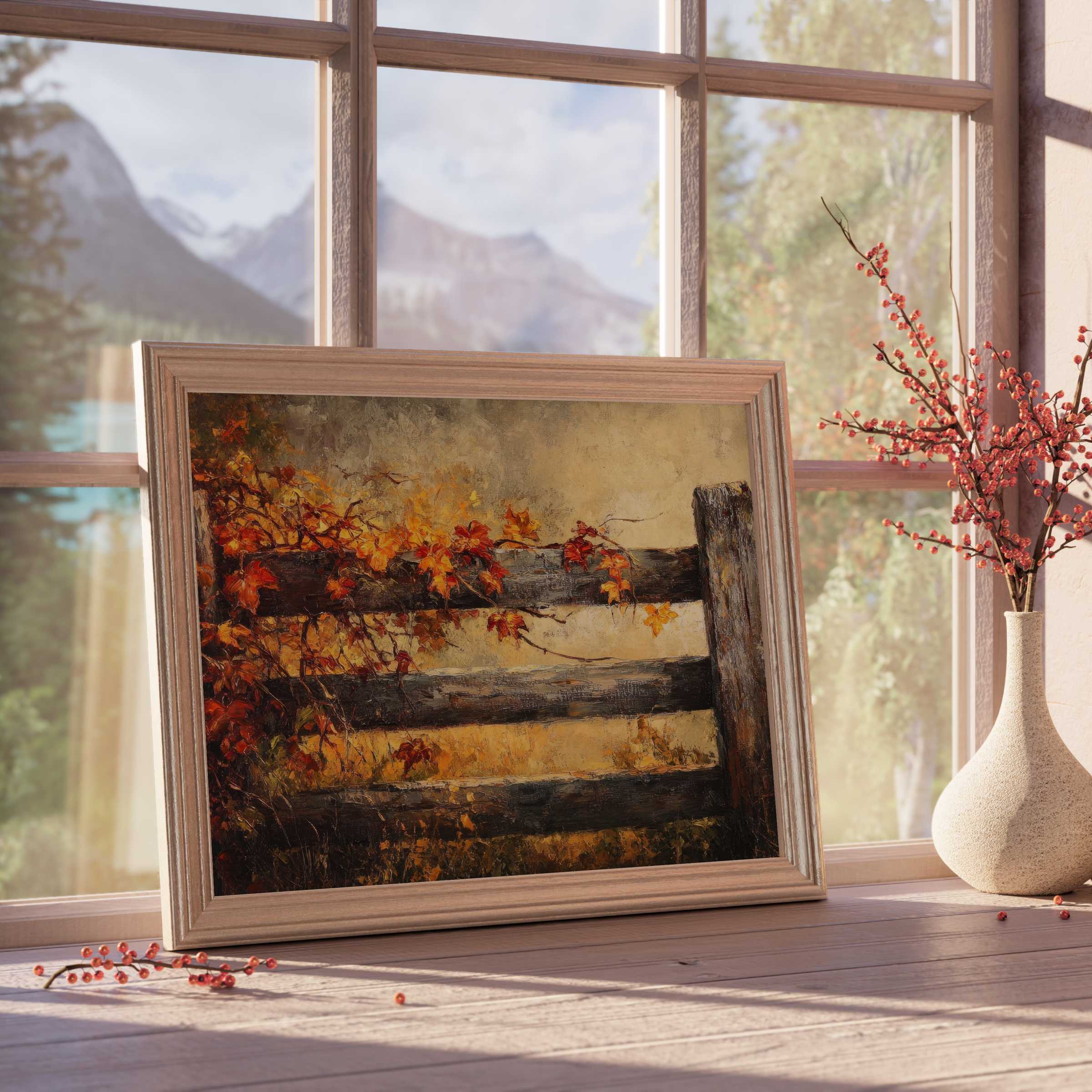 Fall downloadable art featuring a rustic fence entwined with vibrant autumn leaves, enhancing serene, curated interiors with warm, tranquil charm