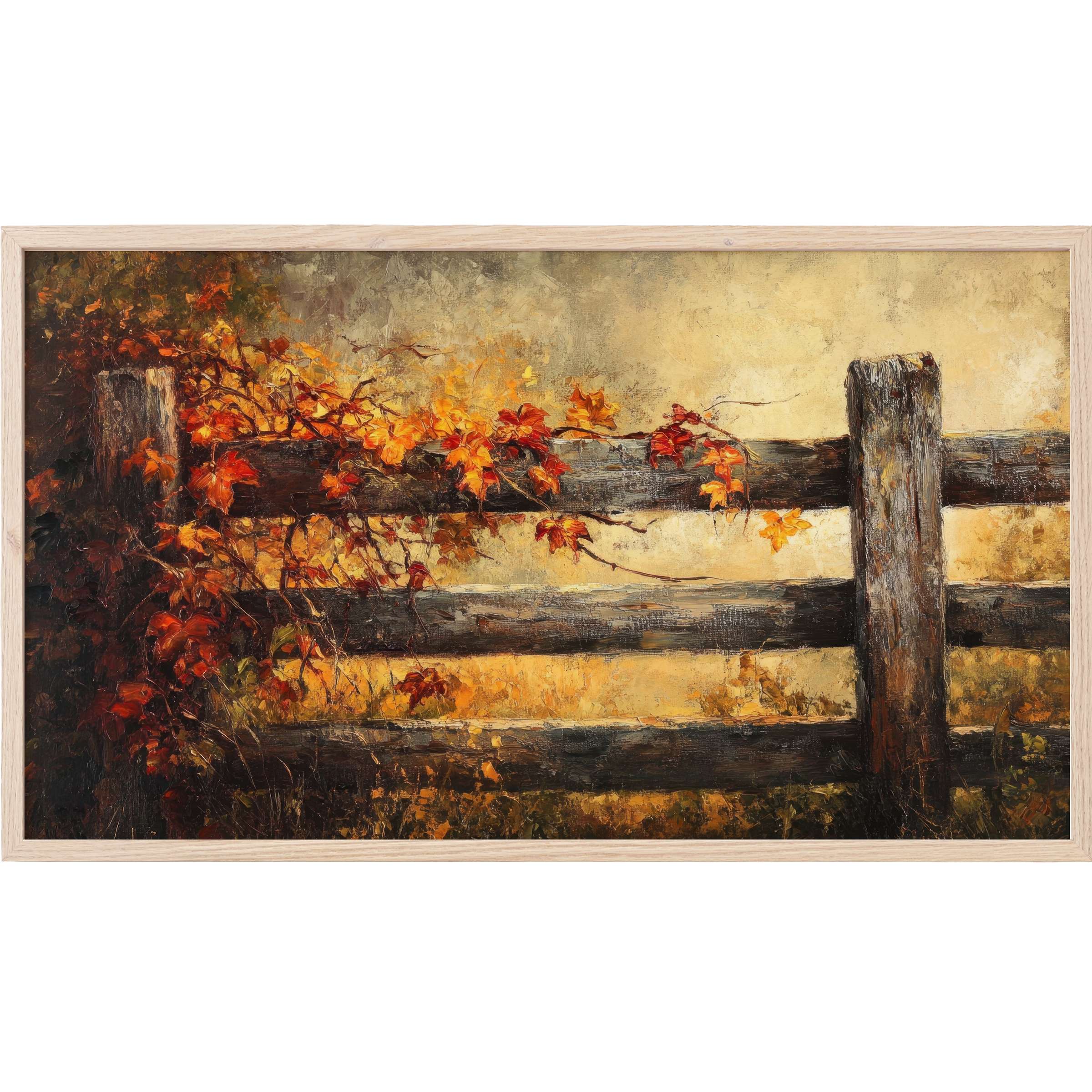 Fall Frame TV Art: rustic fence framed by vibrant autumn leaves in warm oranges and golds, textured painterly style