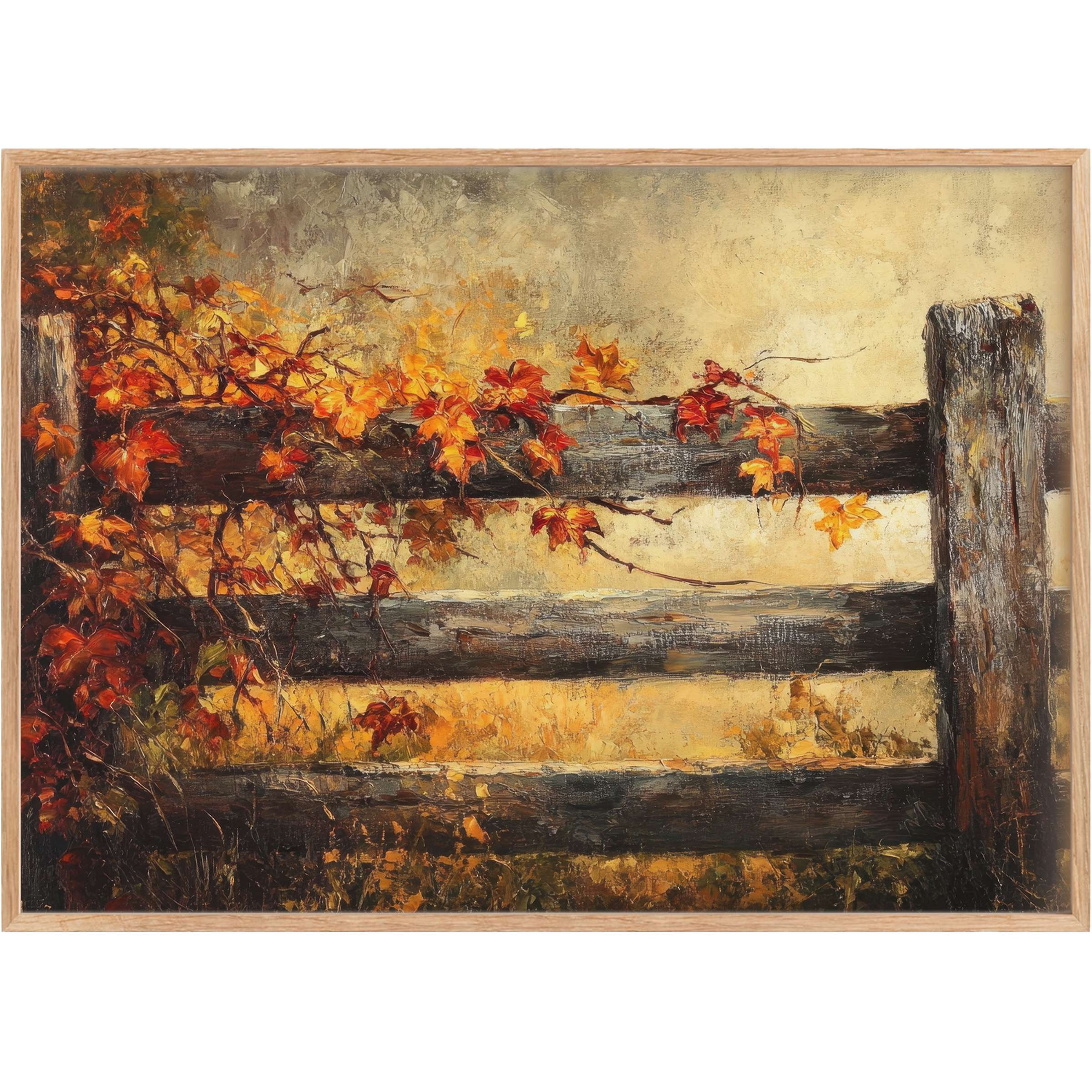 Rustic fence entwined with fiery maple leaves, infusing warm amber and burnt orange hues for elegant fall printable wall art