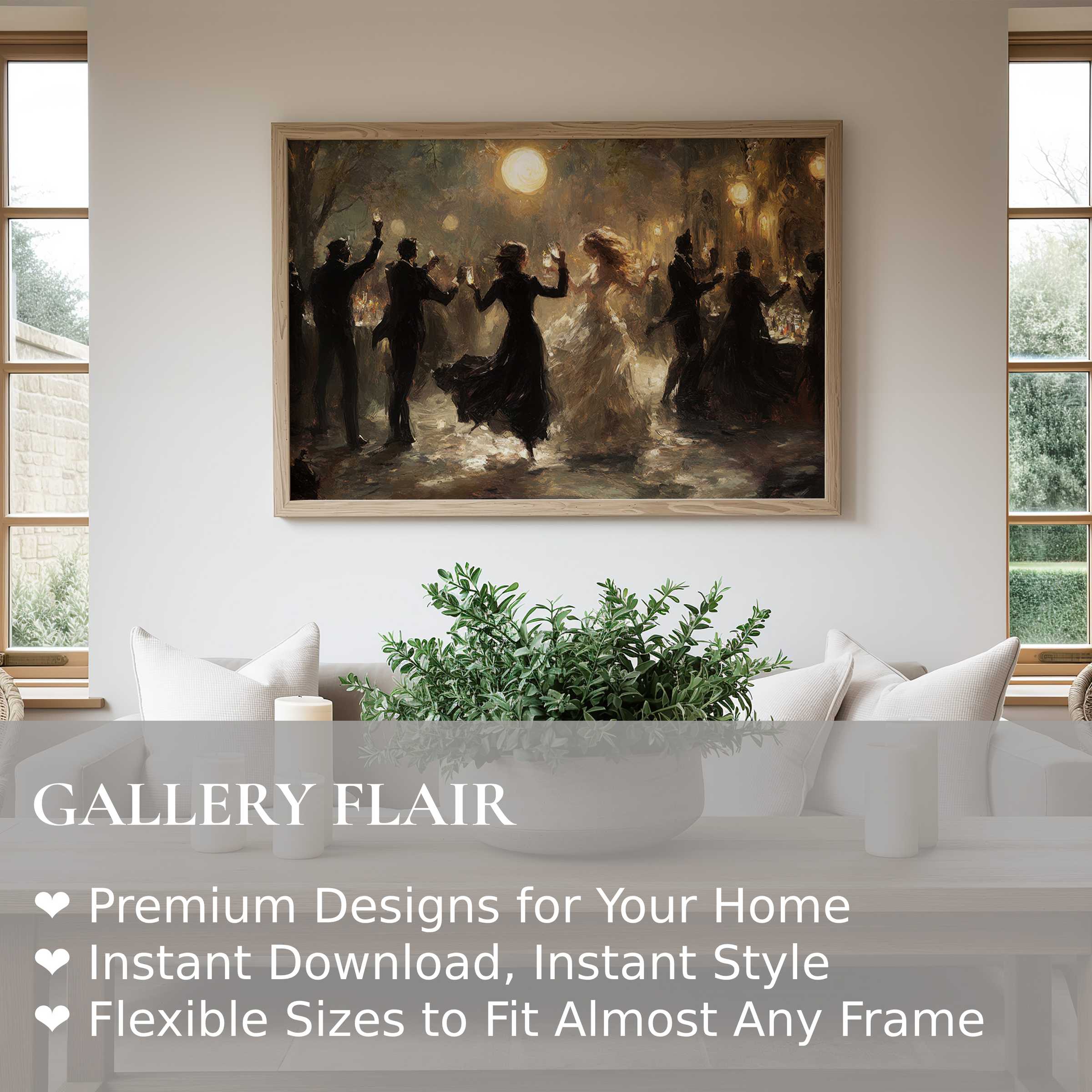 Hauntingly elegant halloween wall art print capturing a moonlit soirée in a refined, modern living space, enriching ambience with bold, atmospheric charm
