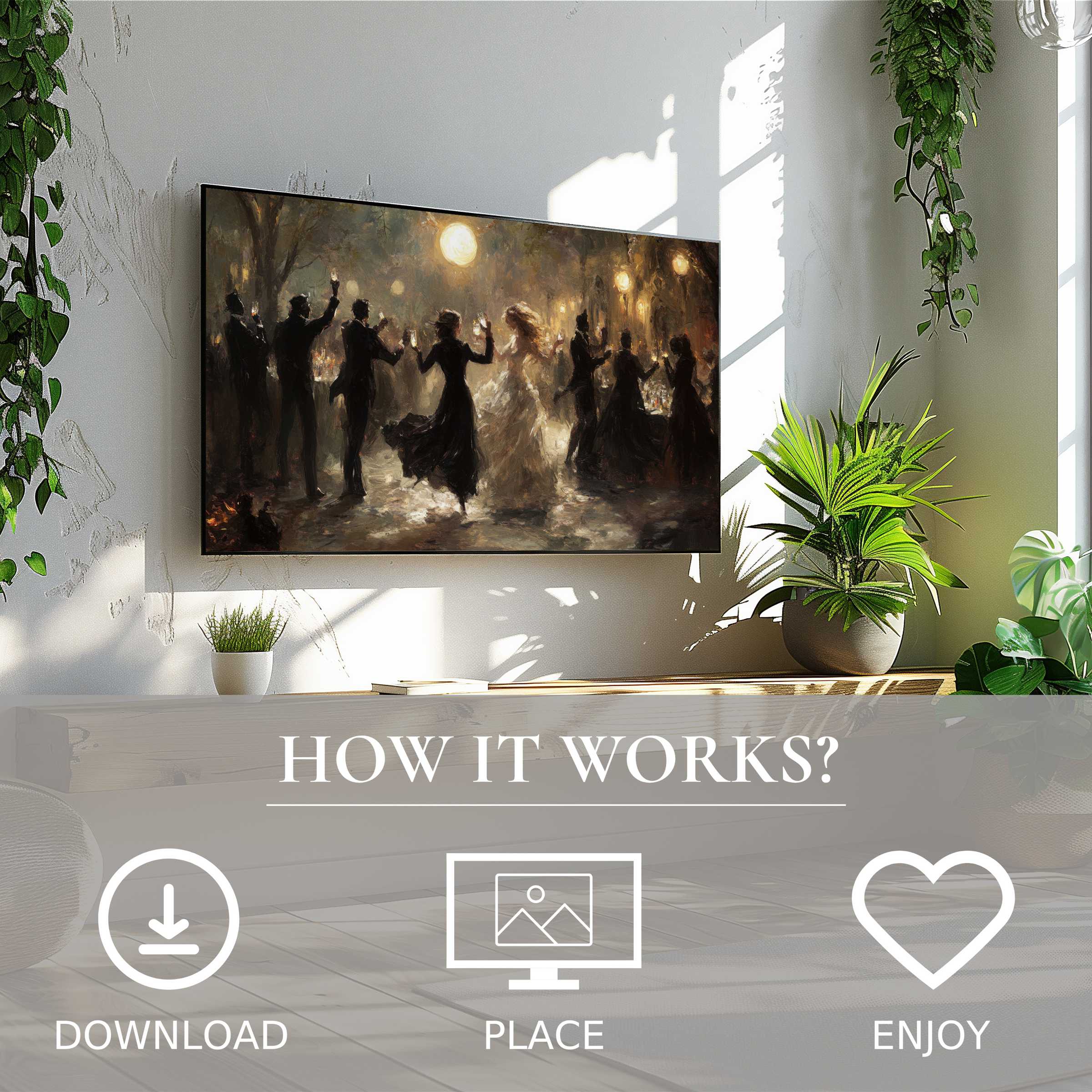 Modern living room with easy digital download halloween art for Samsung TV, featuring warm, glowing abstract dance scene