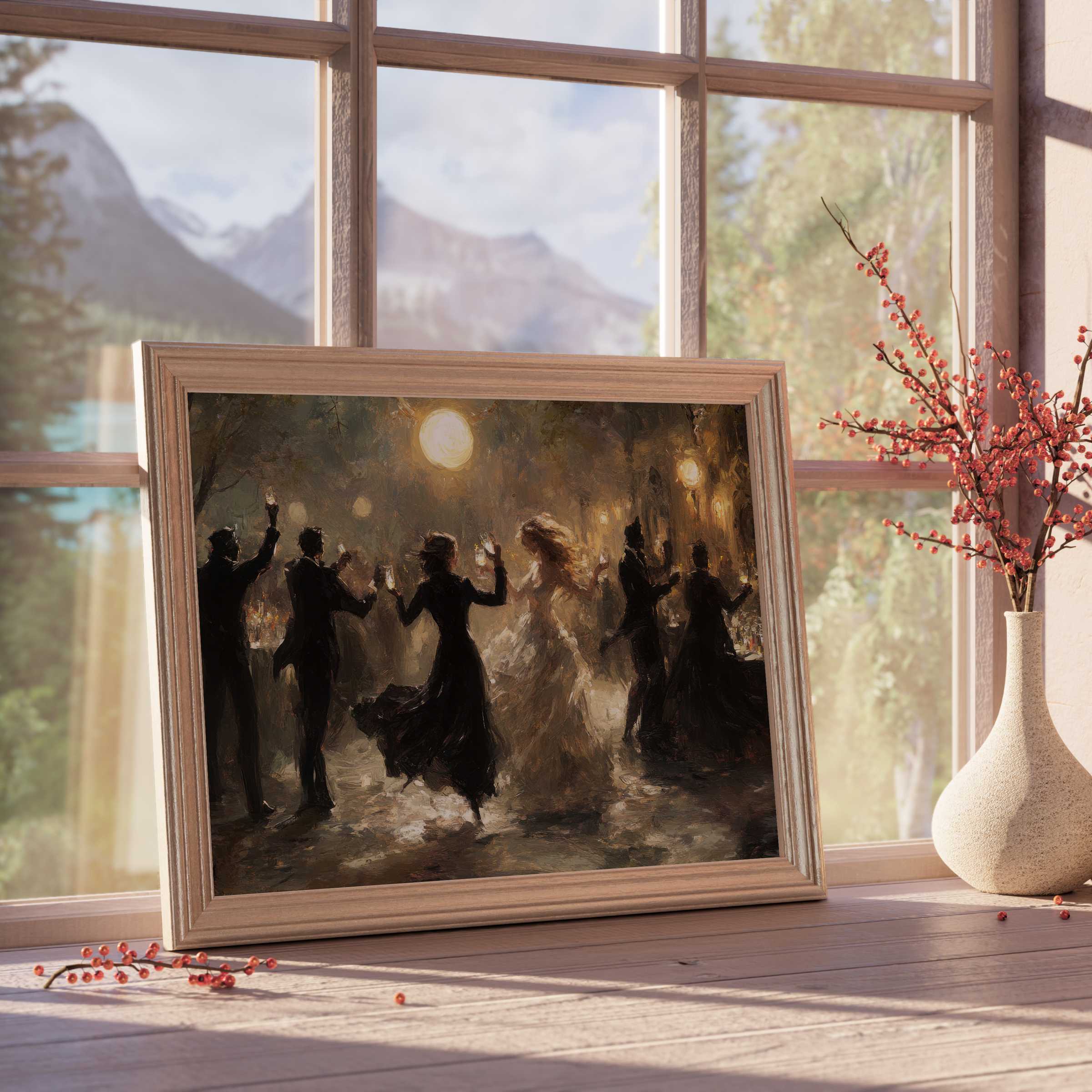 Halloween downloadable art capturing a mysterious, elegant masquerade in warm, moody tones-perfect for curated, stylish interiors