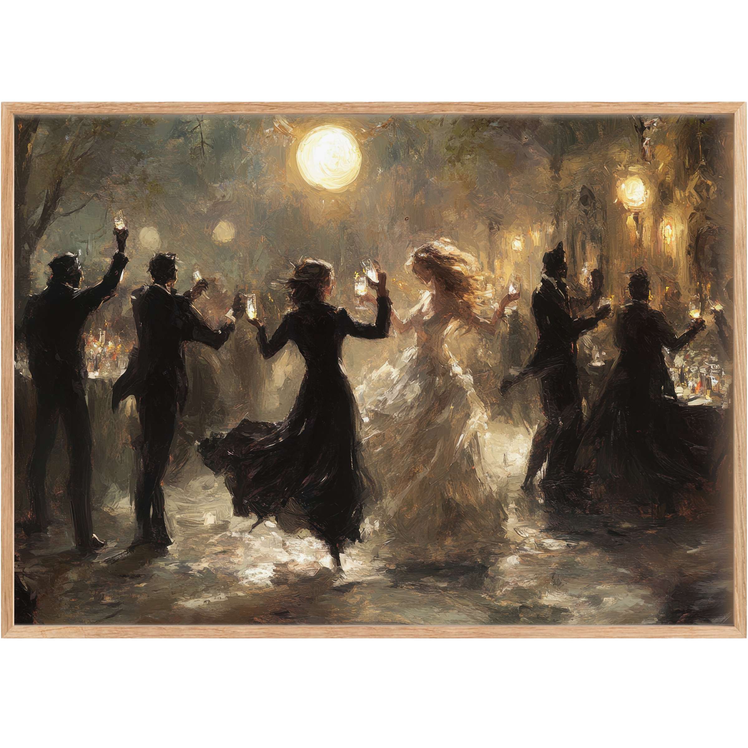 Atmospheric halloween printable wall art capturing a radiant, moonlit celebration in deep blacks, warm ambers, and glowing golds