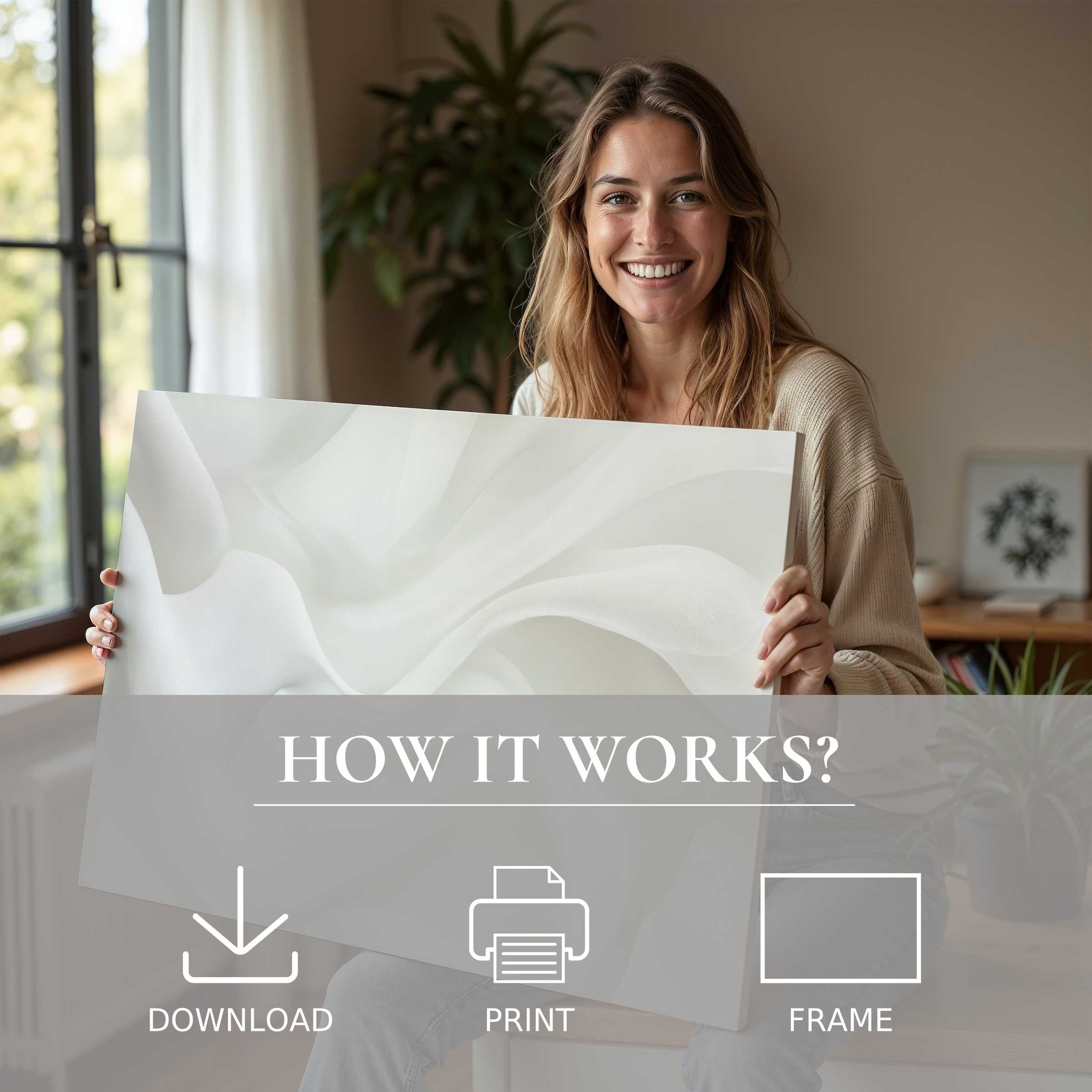 Radiant woman sharing a serene abstract digital art print in a chic modern home, capturing joy and effortless elegance