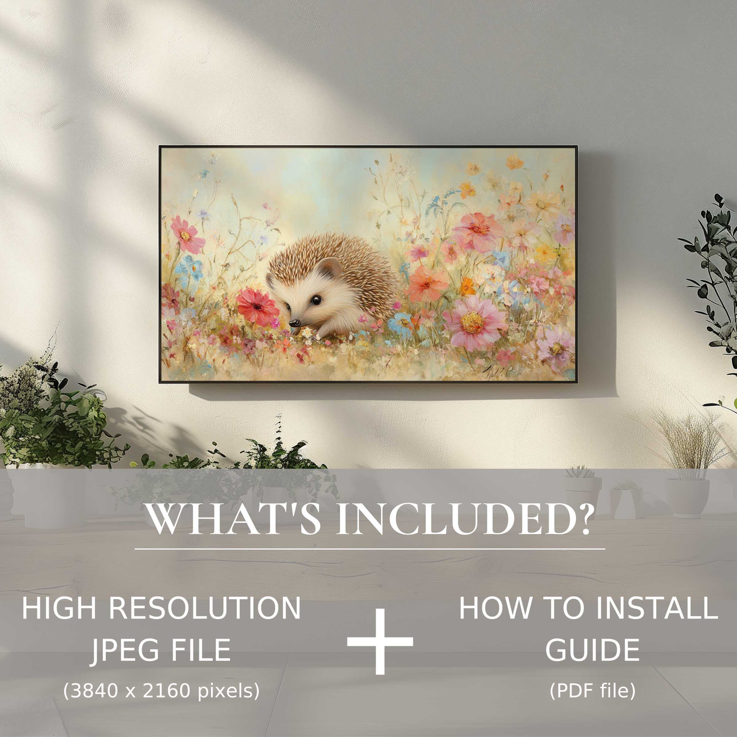 Elegant nursery digital TV art download featuring a charming hedgehog in blossoms, enhancing spaces with easy digital use