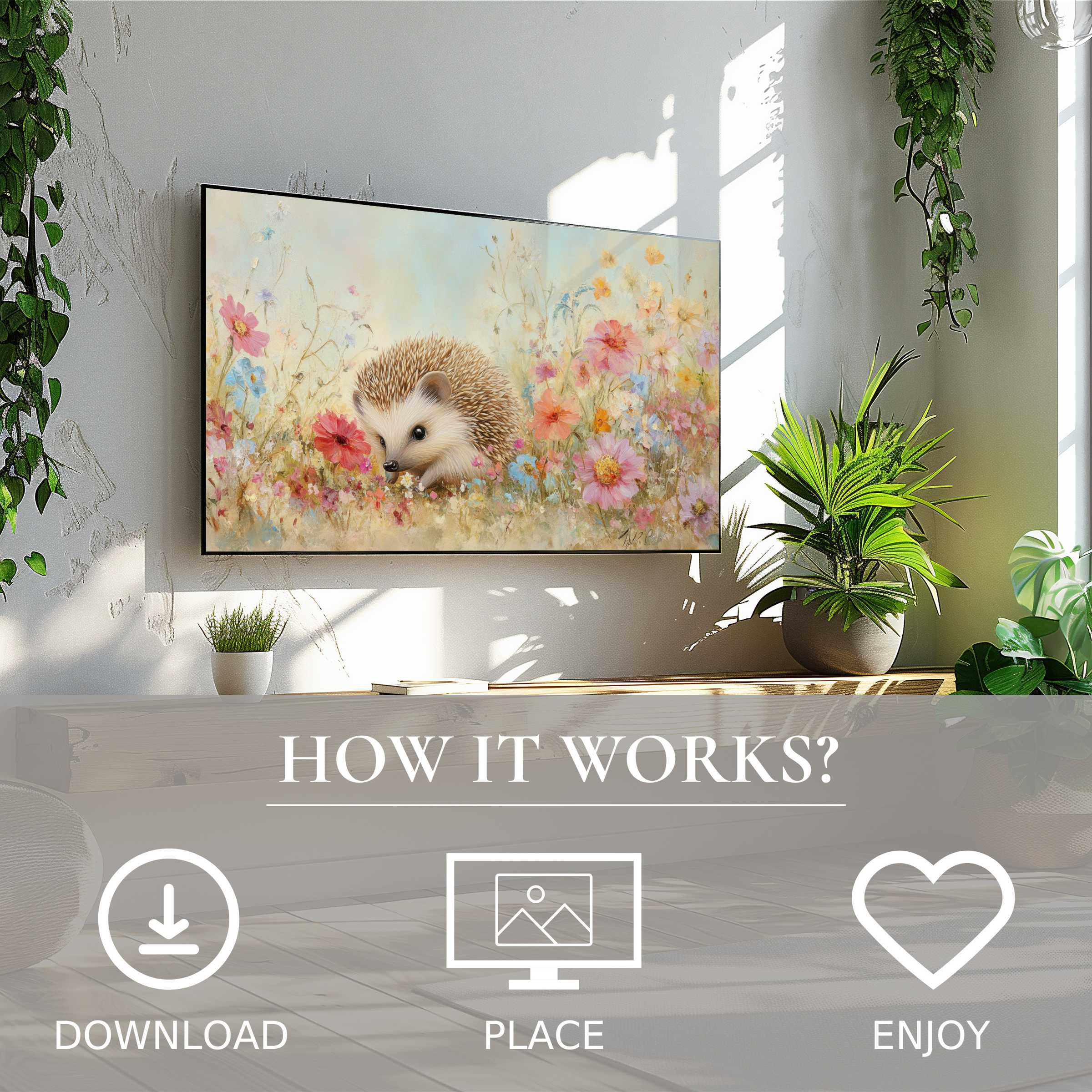 Nursery art for Samsung TV: digital download features a cute hedgehog with soft floral tones enriching any modern space