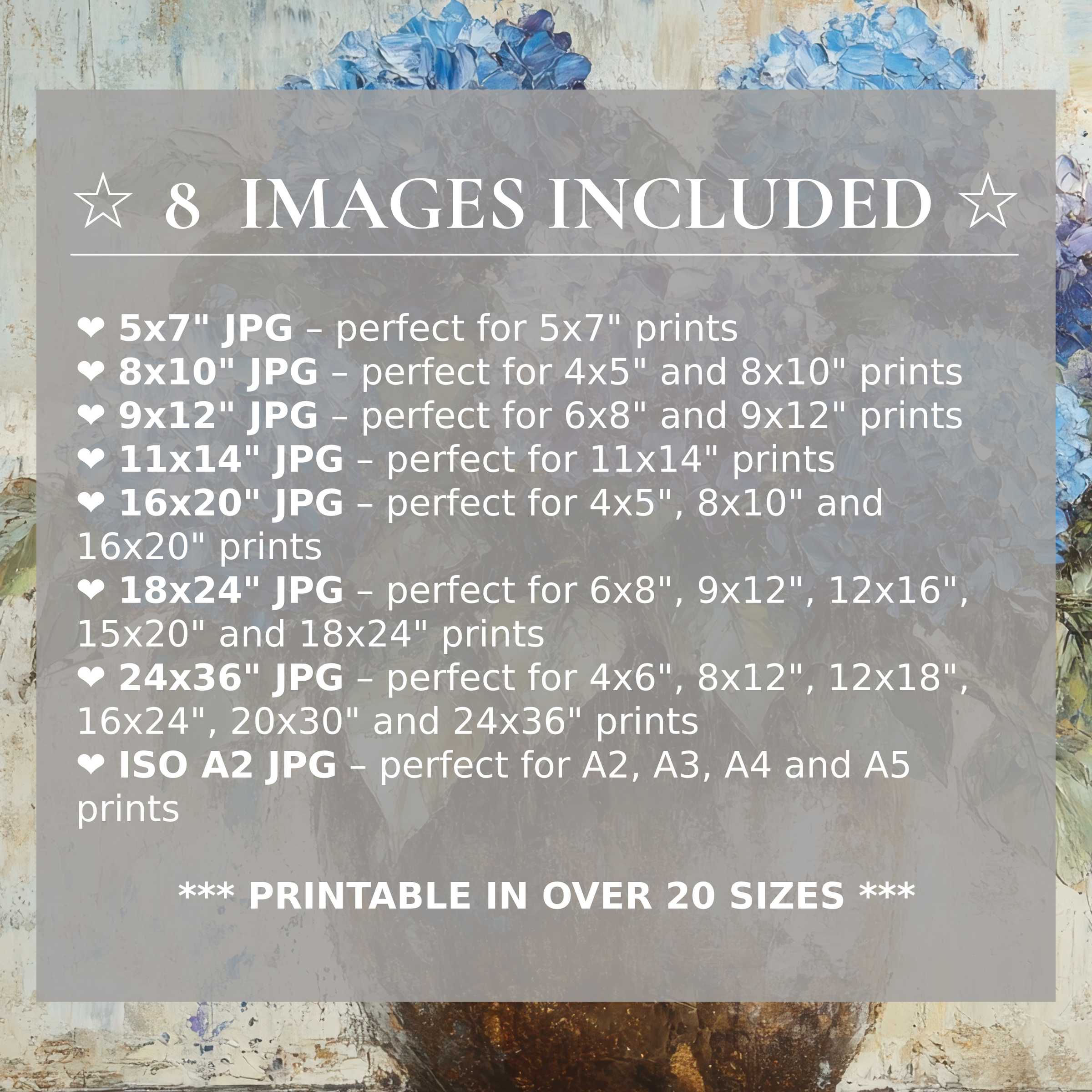 Radiant floral digital print in serene blues and muted earth tones, offered in 8 high-quality sizes included with download, elevates modern interiors with timeless style and versatile elegance
