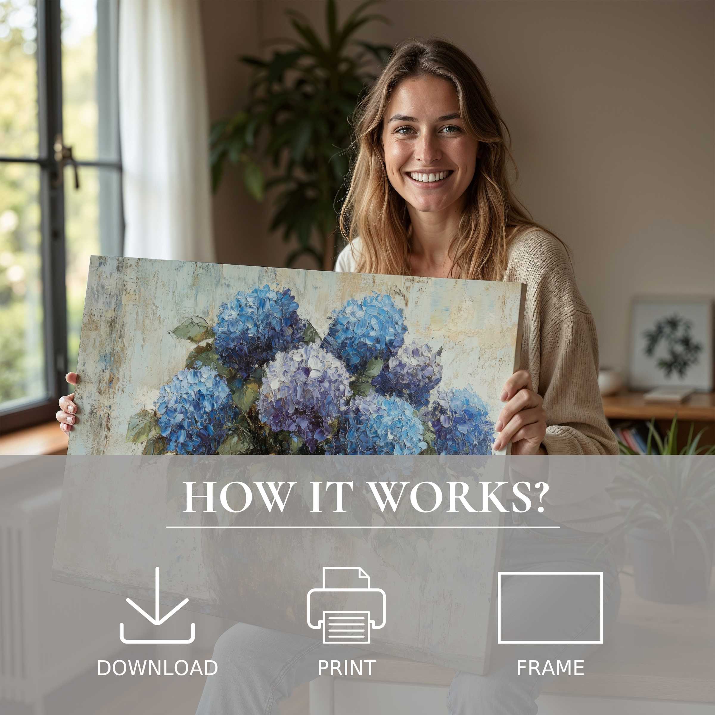 A joyous moment unveiling a floral digital art print in tranquil blues, enriching a modern home with effortless elegance