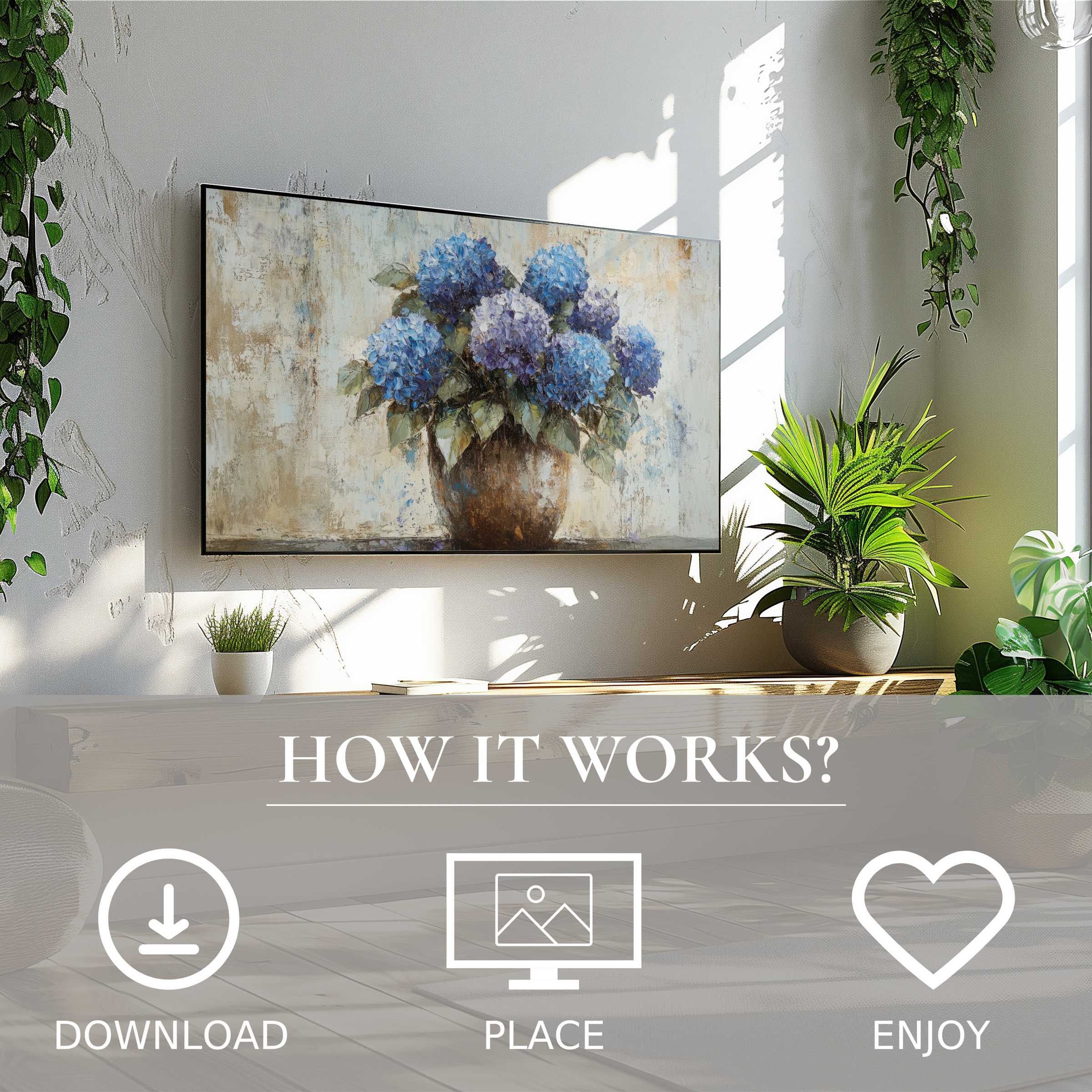 Floral art for Samsung TV showing soft blue hydrangea tones, easy digital download enriching modern living spaces