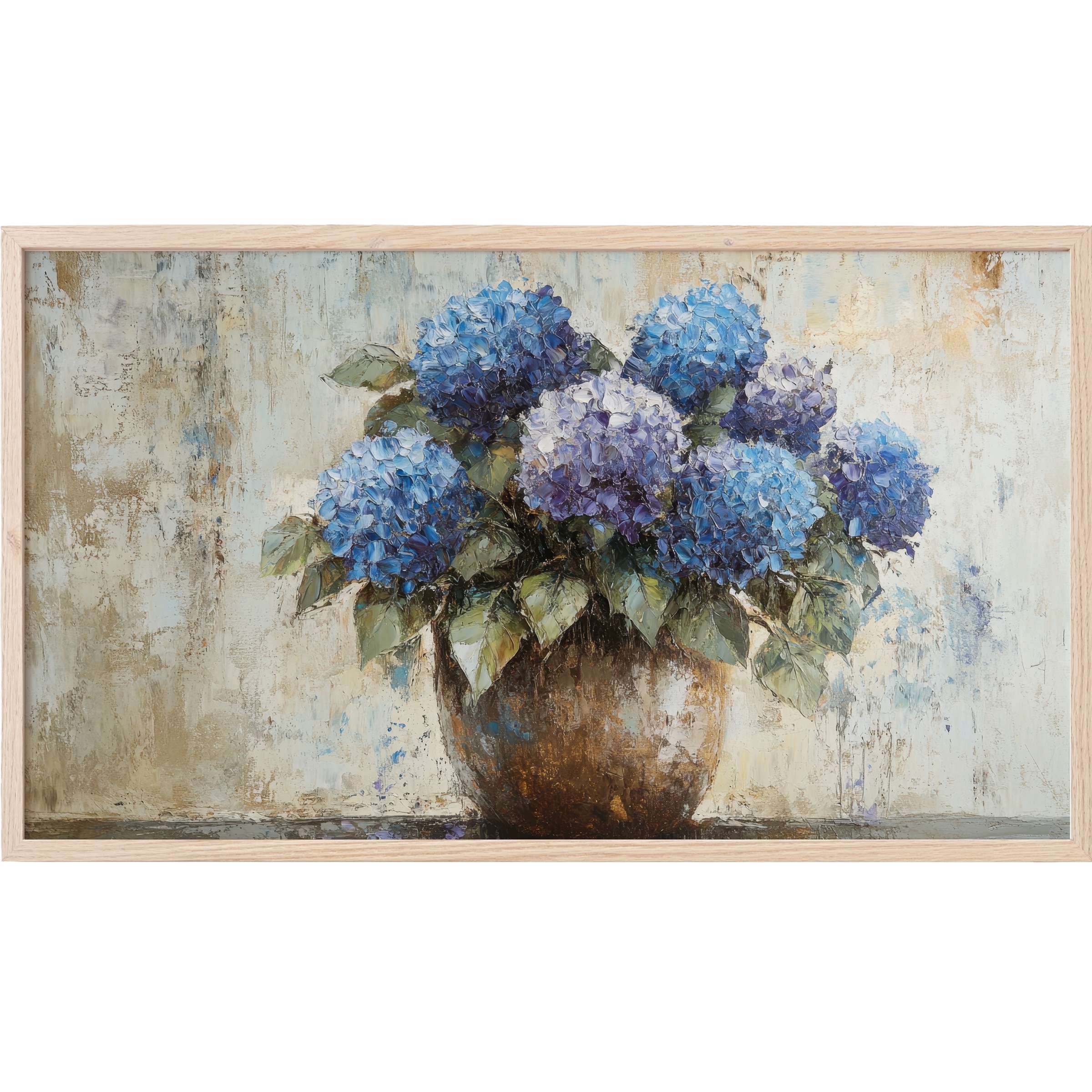 Floral Frame TV Art with textured blue hydrangeas in rustic brown vase, soft beige and muted blue background