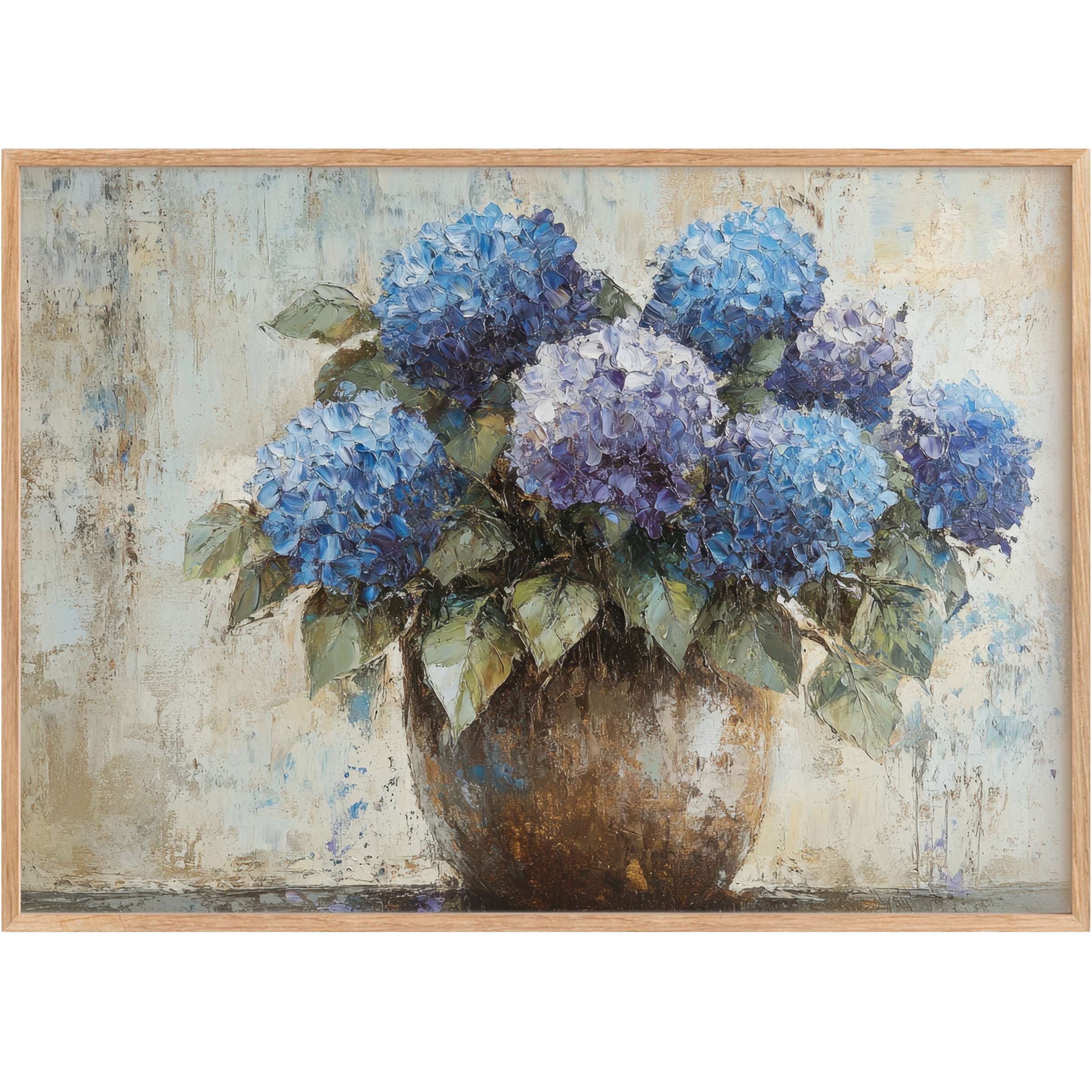 Elegant floral printable wall art featuring textured blue hydrangeas in soft earthy tones, evoking a serene, timeless ambiance