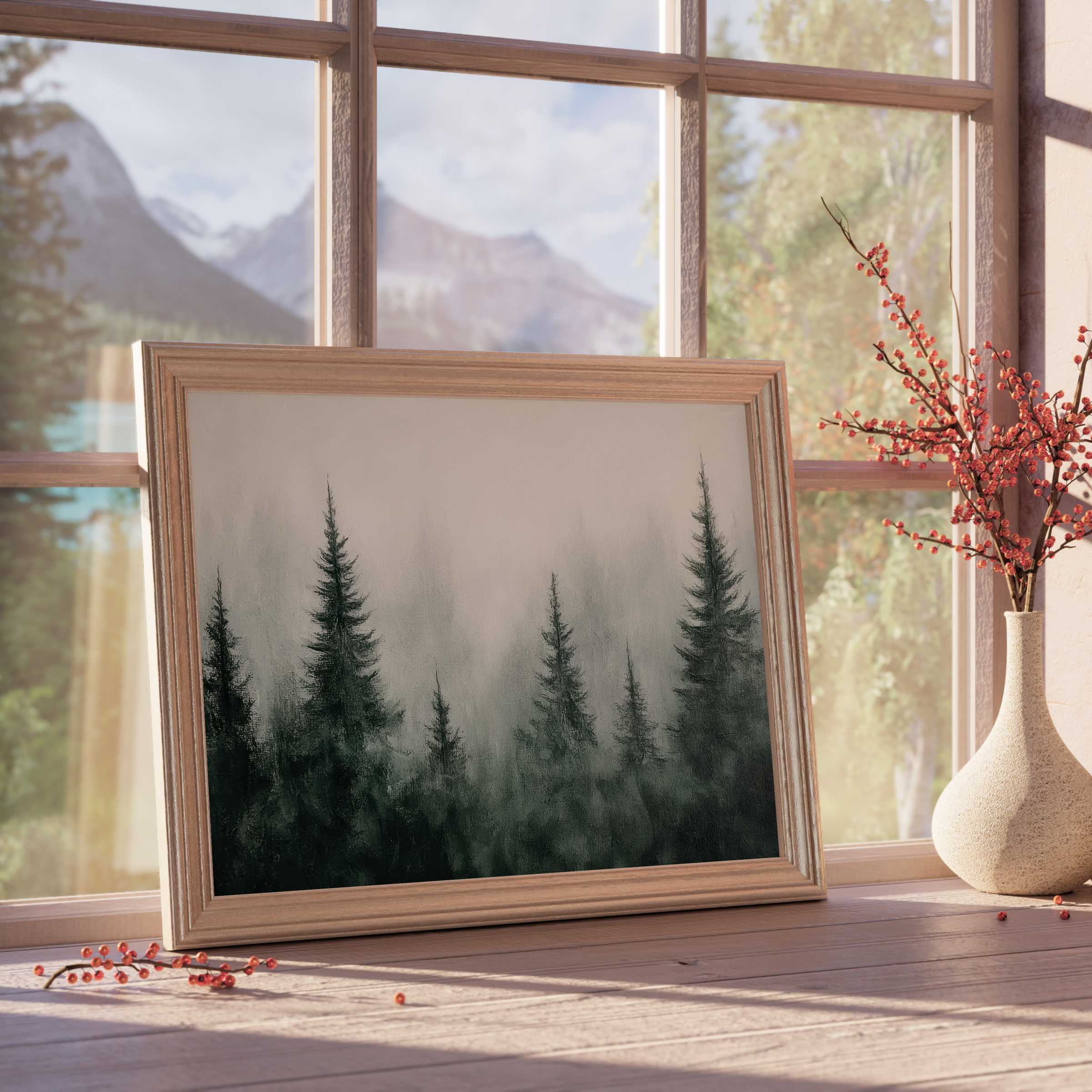 Elegant tree downloadable art capturing misty pine forests in soft, tranquil hues - perfect for curated, serene interiors